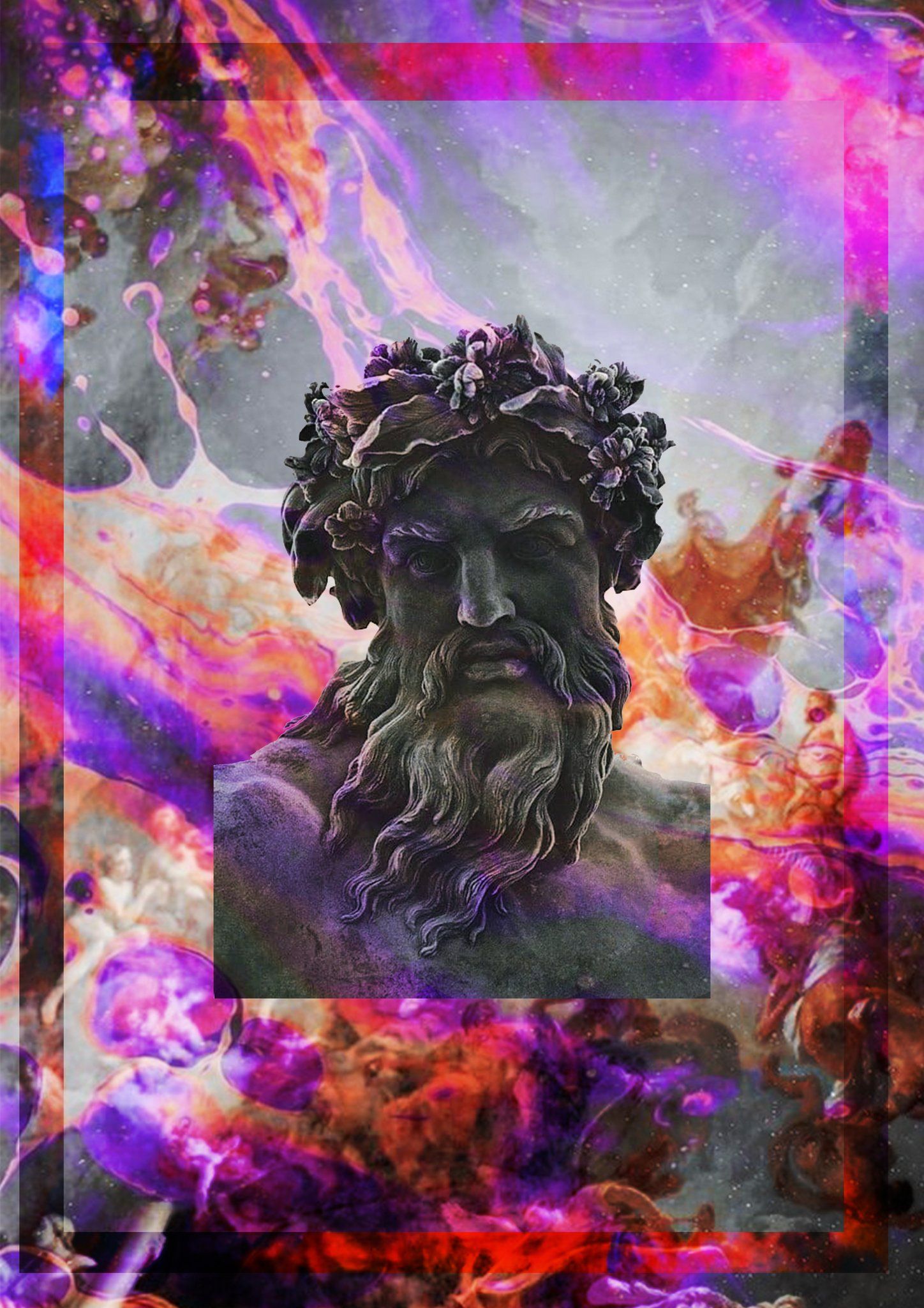 A digital collage of a bust of a bearded man with a wreath of flowers on his head, surrounded by a pink, purple, and orange abstract background. - Greek statue