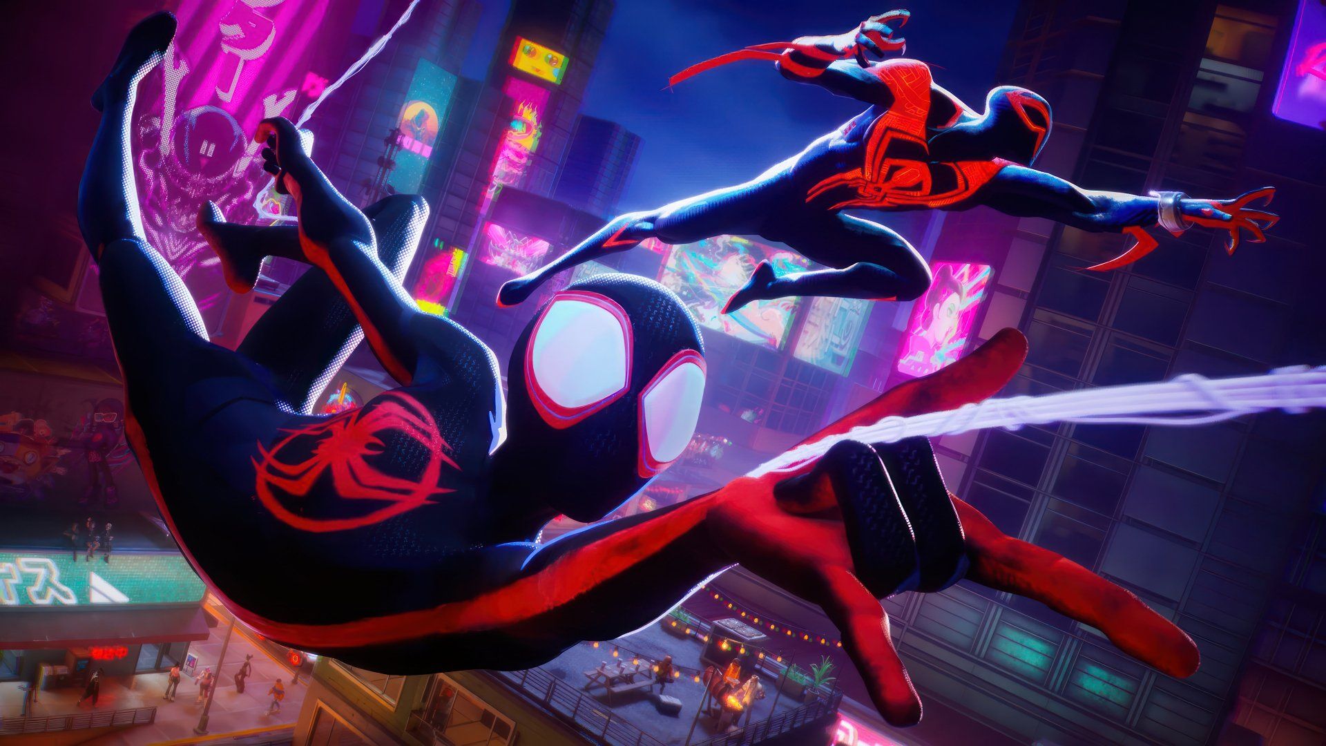 Miles Morales swings through the city in a scene from Spider-Man: Into the Spider-Verse. - Fortnite