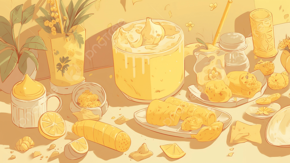 An illustration of a table with a variety of food and drinks, all yellow or orange-toned. - Pastel yellow