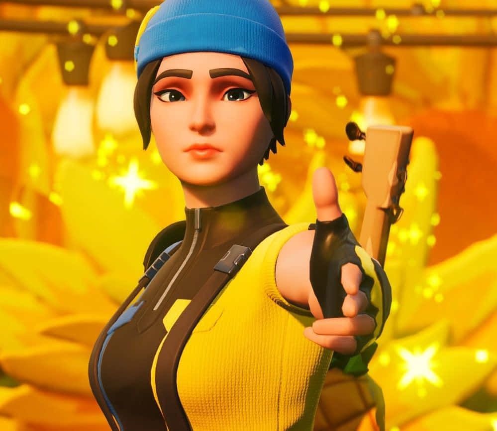 A Fortnite character wearing a blue beanie and a yellow top. - Fortnite