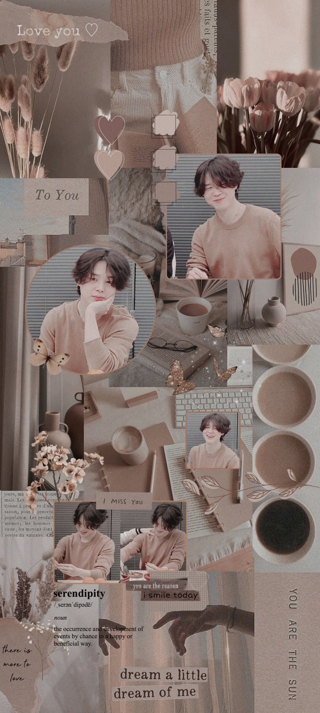 Aesthetic collage featuring a woman, flowers, and coffee. - Jimin
