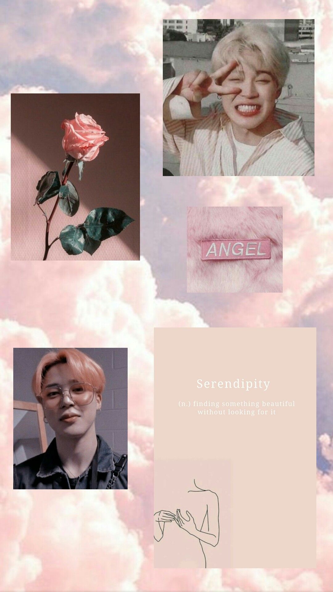Aesthetic pink collage with clouds, a rose, and pictures of Jimin from BTS - Jimin