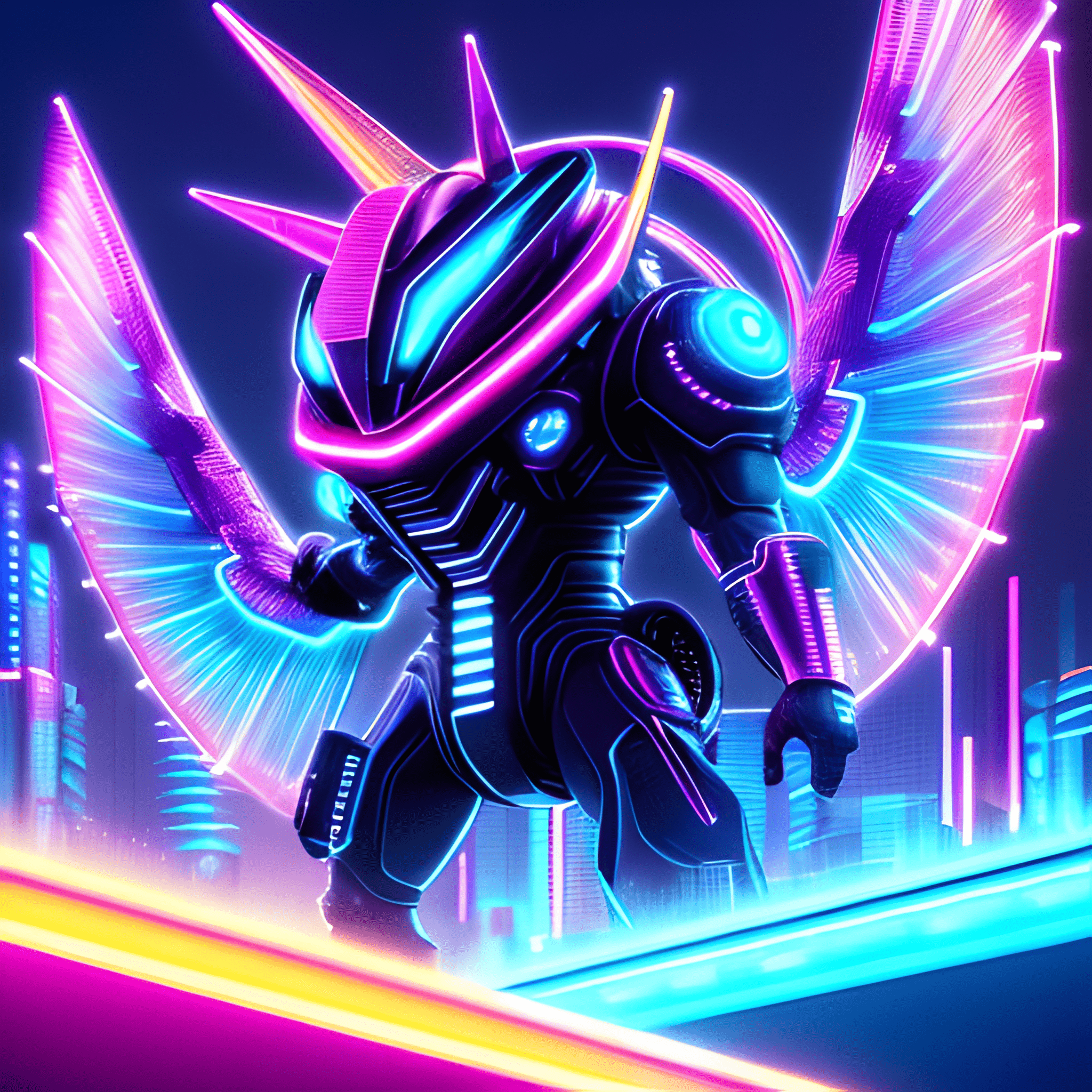 A robot with neon lights on its body and horns on its head stands in front of a city. - Fortnite