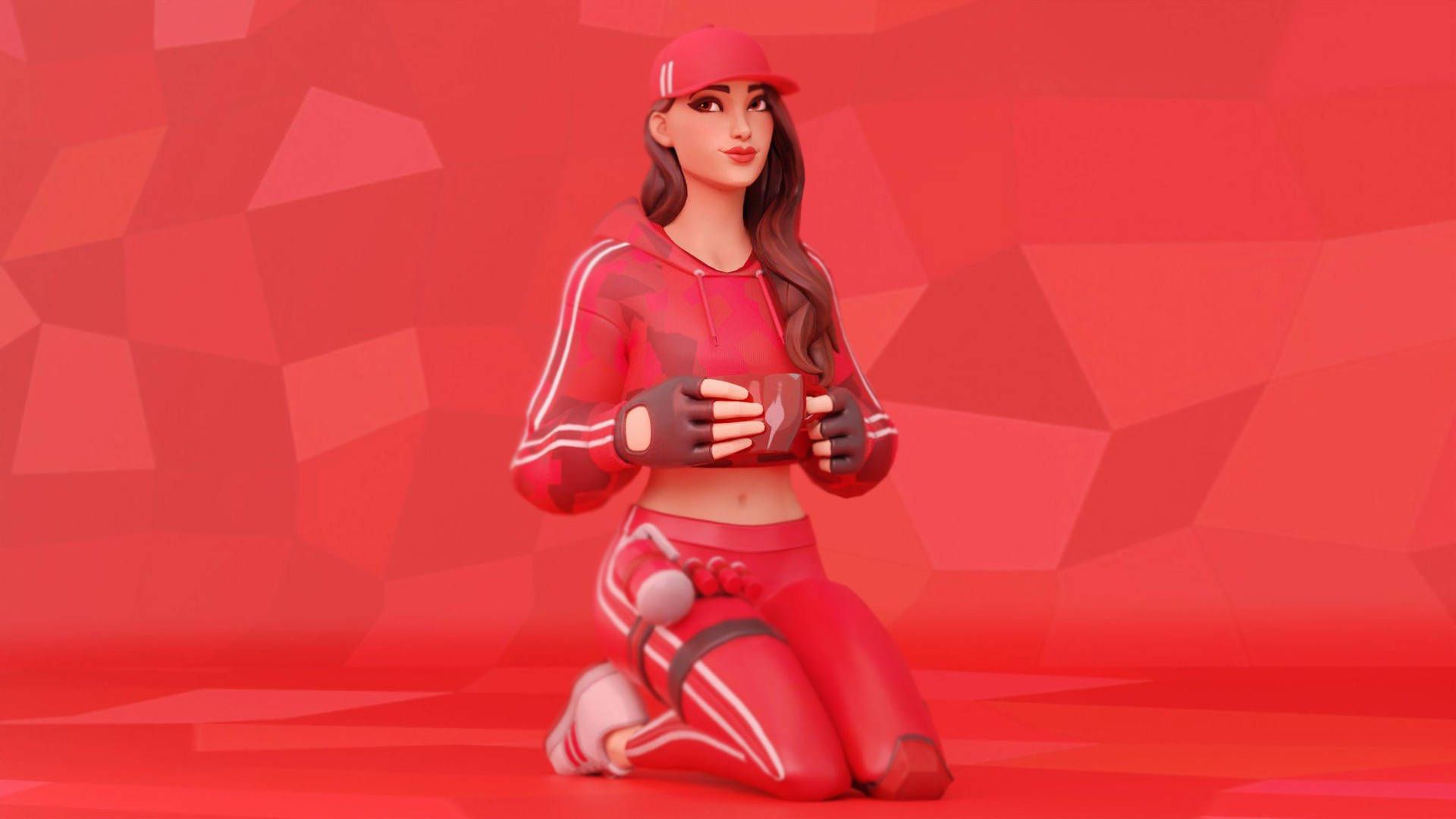 A character from game Fall Guys, wearing a red tracksuit and a baseball cap, kneels on the ground, holding a trophy. - Fortnite