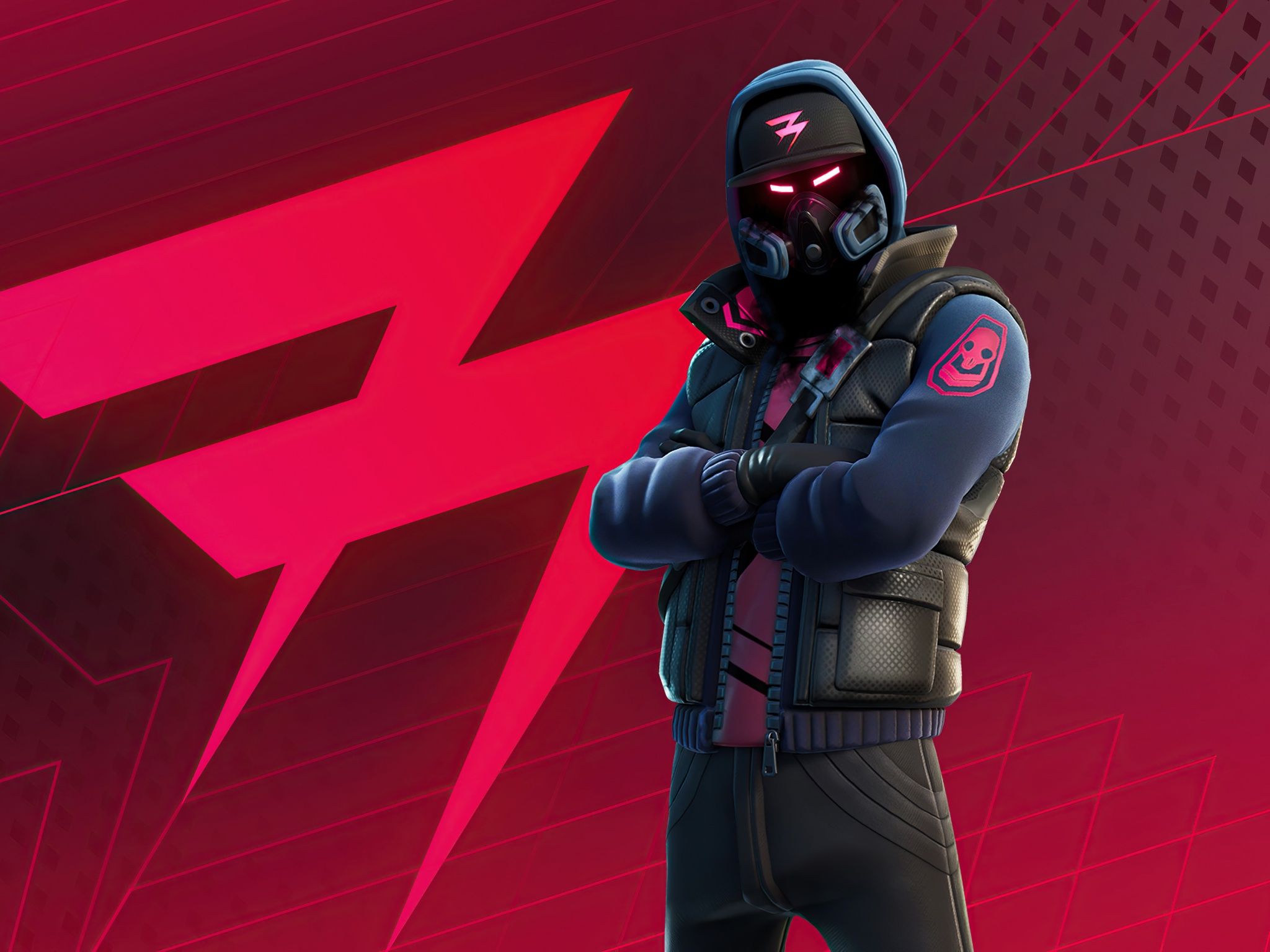 Fortnite character in a gas mask with a lightning bolt behind them - Fortnite