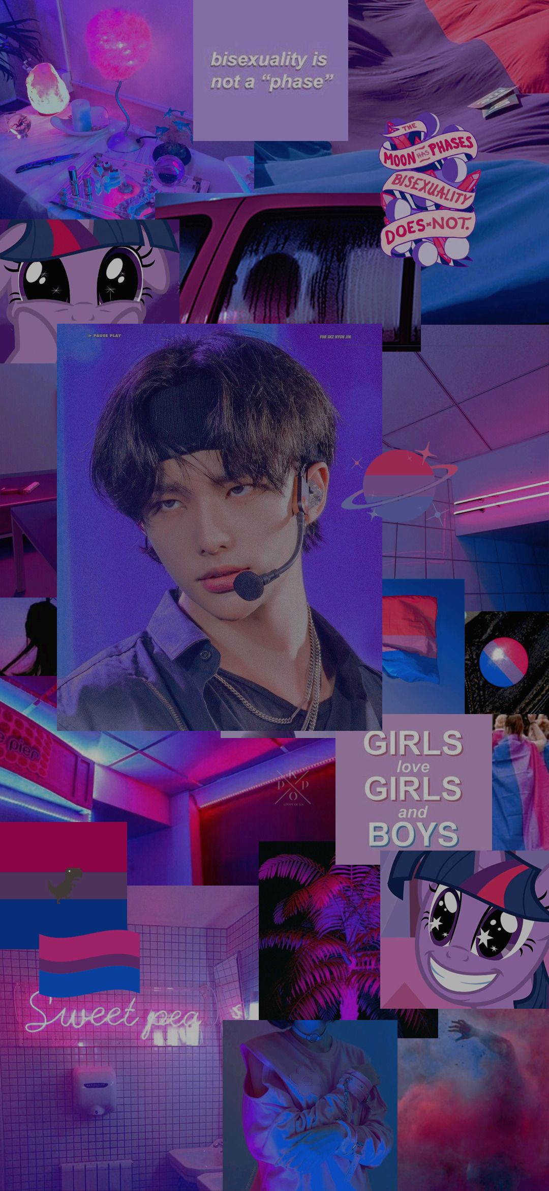 A purple and blue aesthetic wallpaper with images of stray kids and the words girls love girls and boys - Bisexual