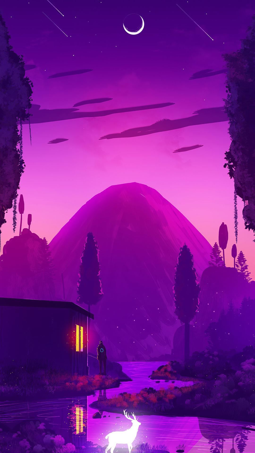 A purple and pink landscape with a deer, a person, and a house. - Fortnite