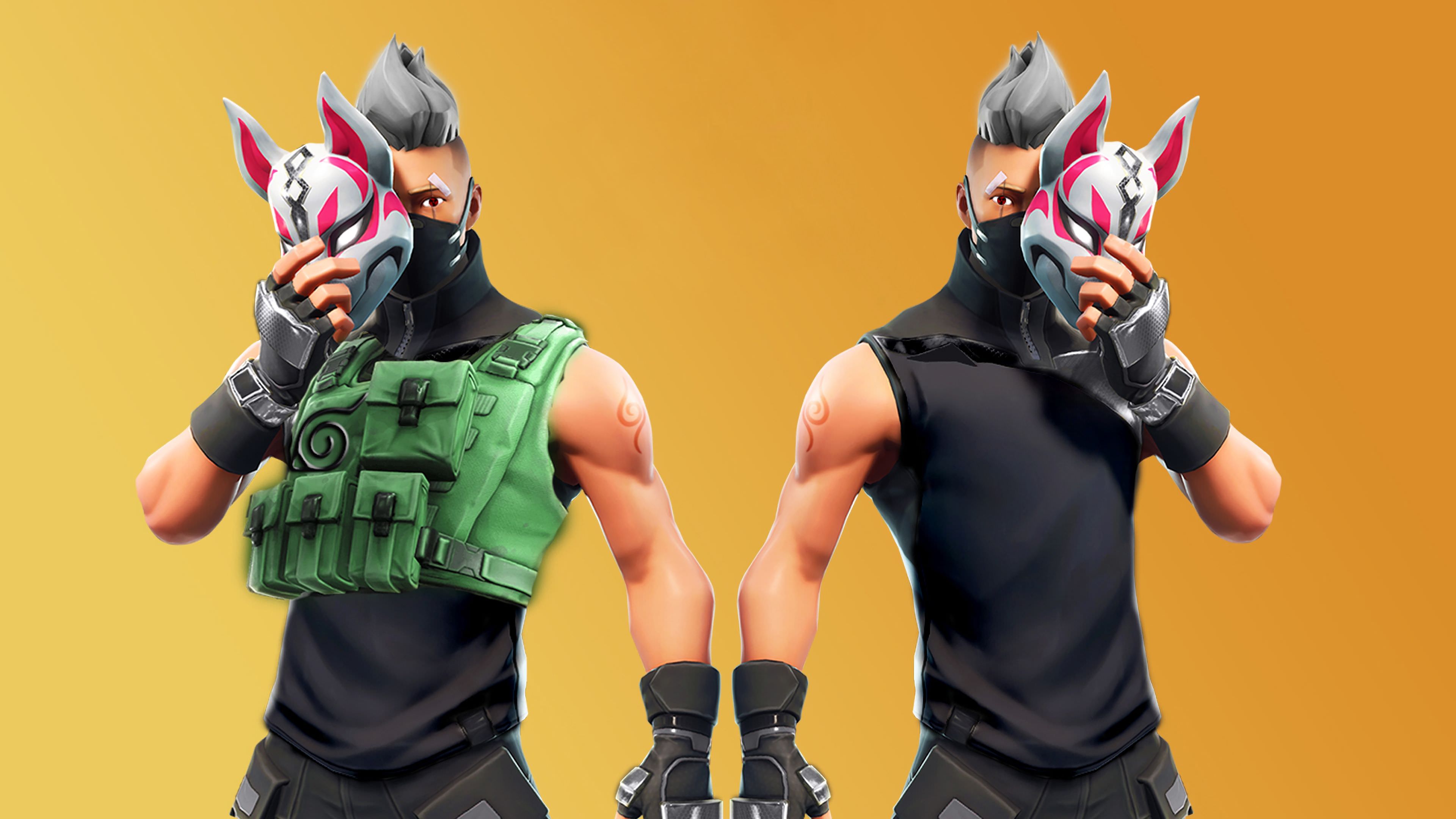 Two Fortnite characters with masks on a yellow background - Fortnite