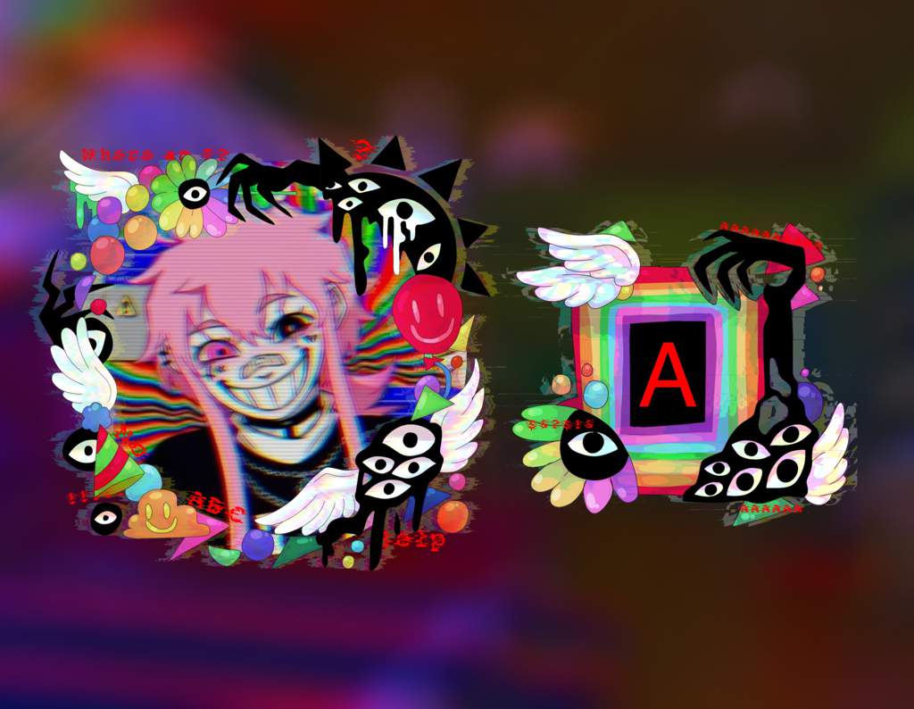Collage of images including a girl with pink hair, a square with the letter A in it, and a winged eye. - Weirdcore
