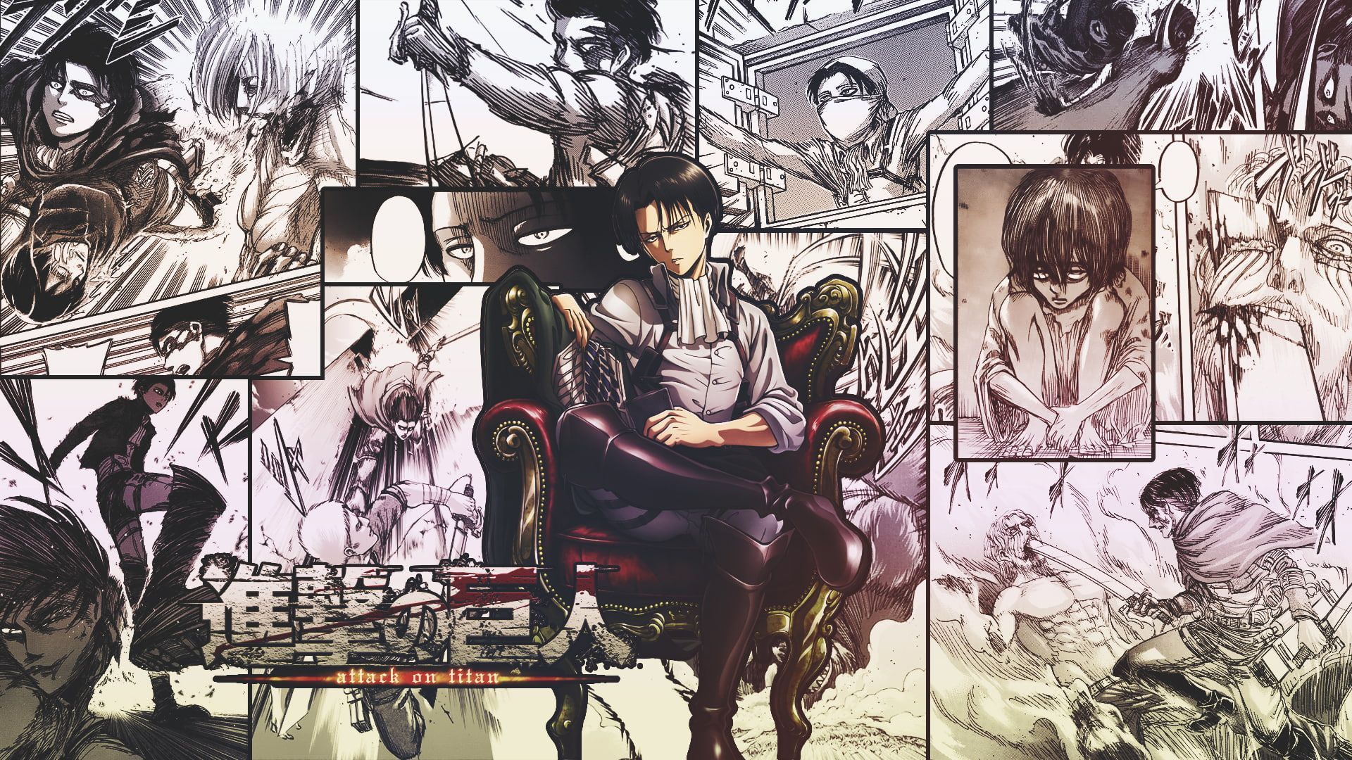 Attack on Titan collage wallpaper with Eren sitting on a chair - Attack On Titan