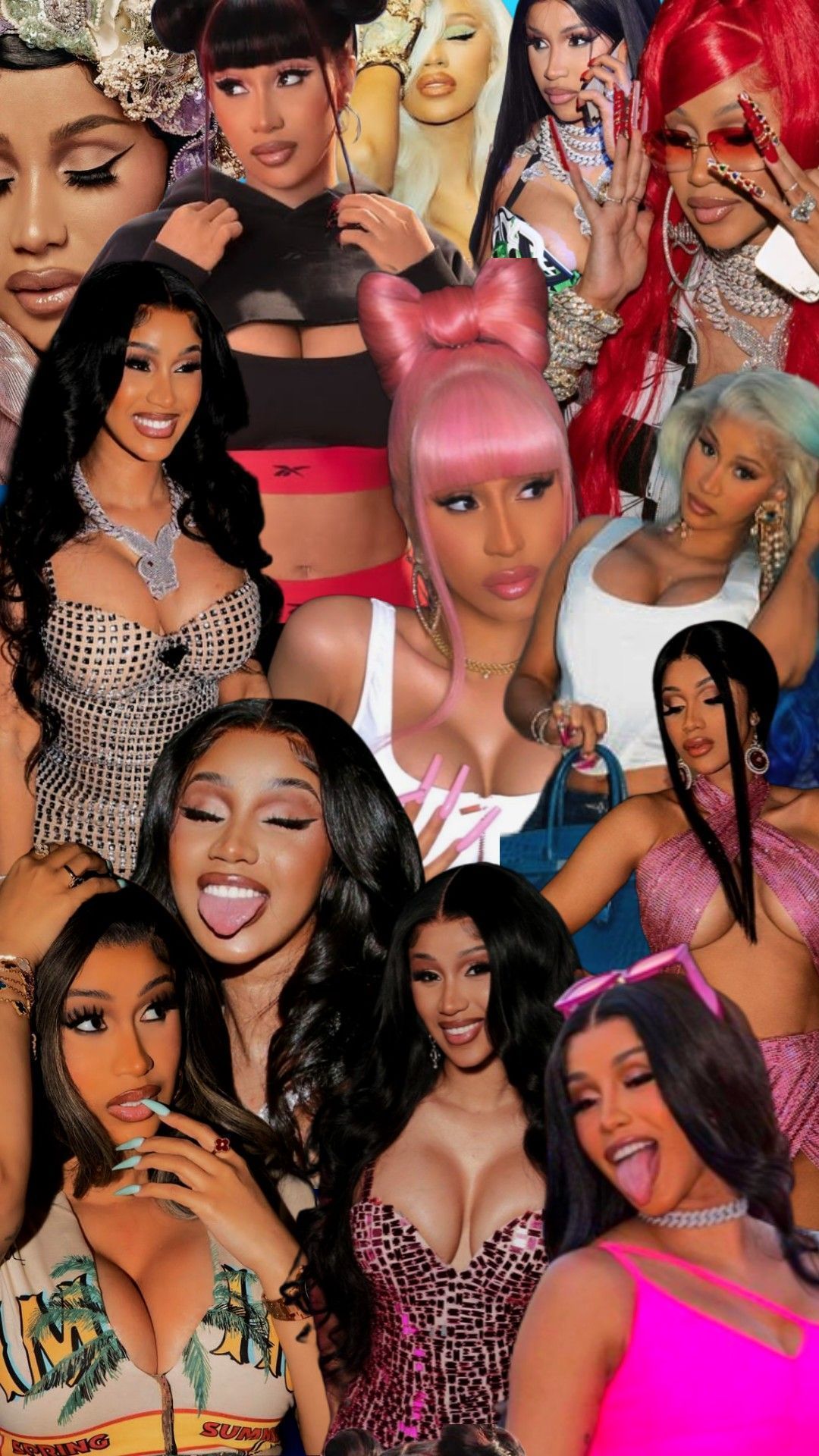 A collage of Nicki Minaj in different outfits and hairstyles - Cardi B
