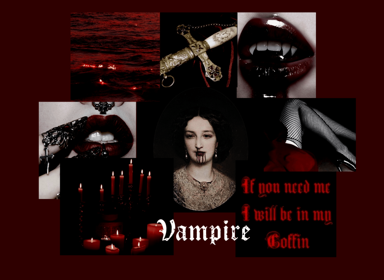 A collage of vampire themed images including red lips, a drop of blood, a knife, a female vampire, and a quote that says 
