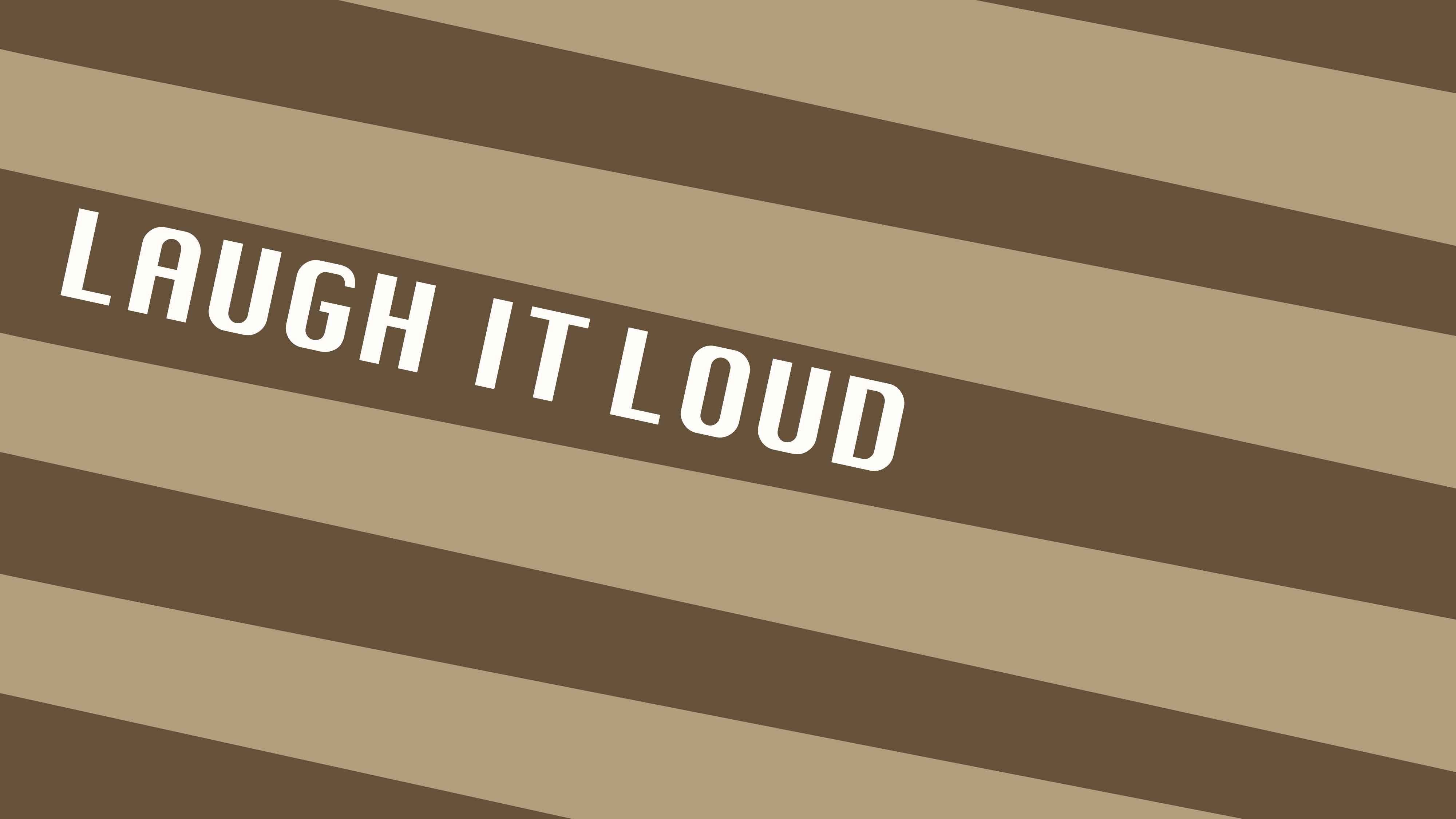 A brown and white diagonal striped background with the words 