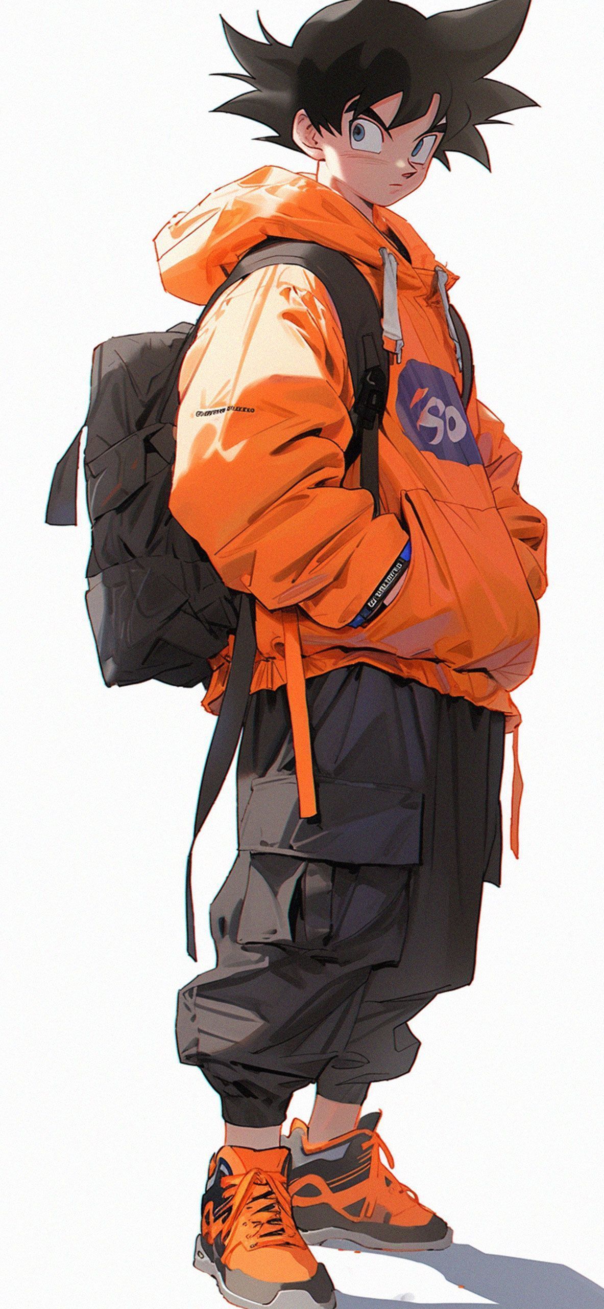 A character setting of Gohan from the Dragon Ball franchise, wearing an orange jacket and carrying a backpack. - Dragon Ball, Goku