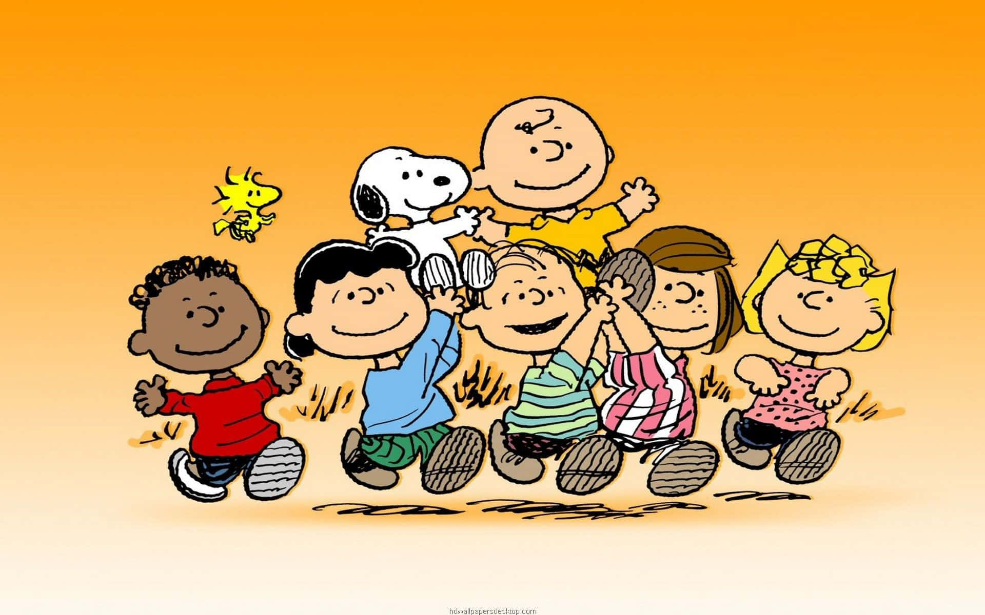 Charlie Brown and friends in a line, with Lucy, Schroeder, Linus, Snoopy, and Woodstock. - Charlie Brown