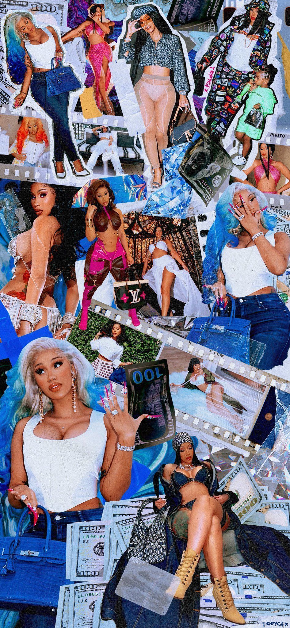 A collage of Cardi B in different outfits and with different accessories. - Cardi B