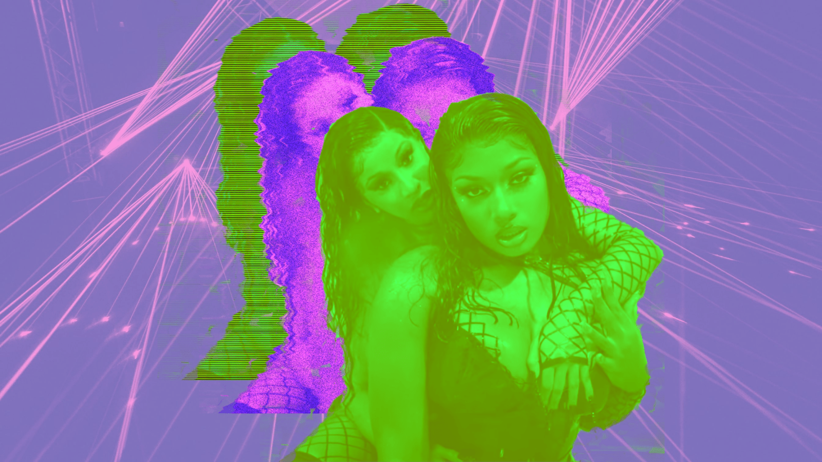 A photo of two people with a neon green and purple filter - Cardi B