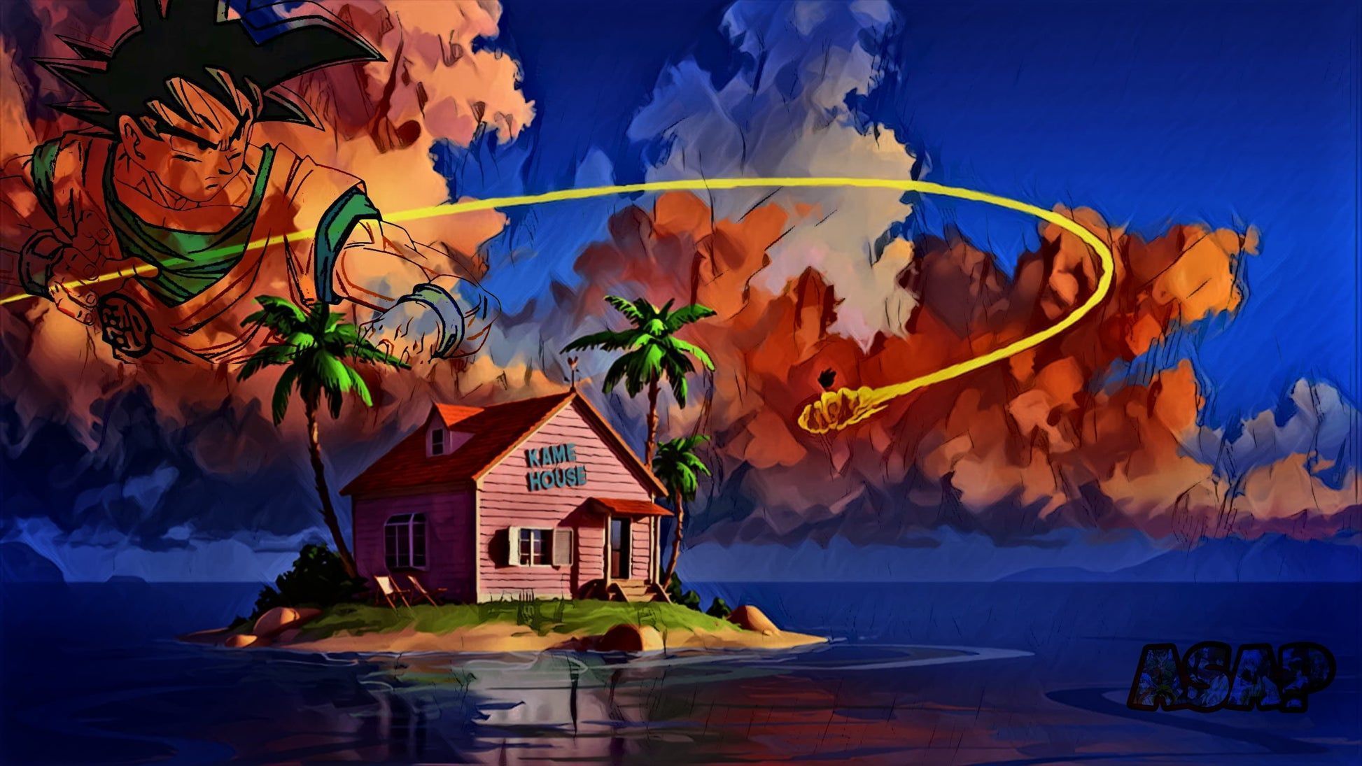 Wallpaper of a pink house on a tropical island with a dragon flying by - Dragon Ball