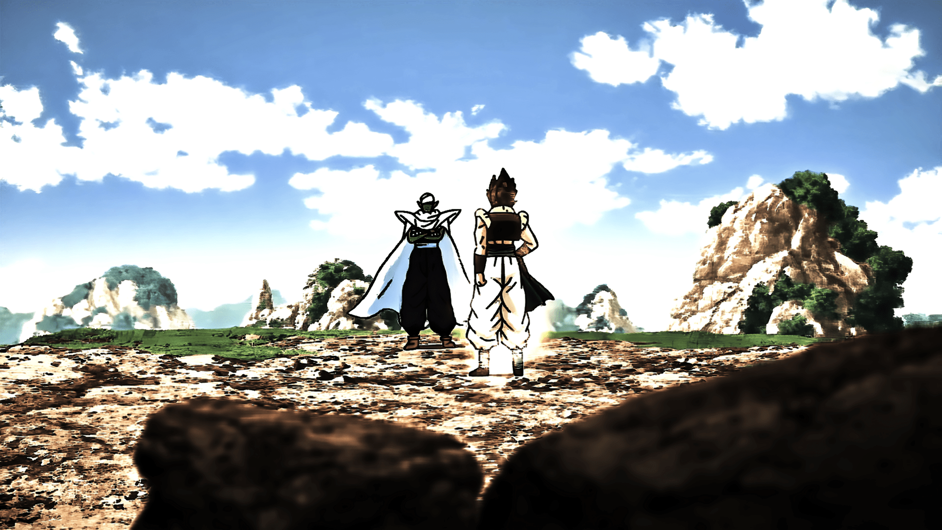 Two warriors are walking on a rocky hilltop. - Dragon Ball