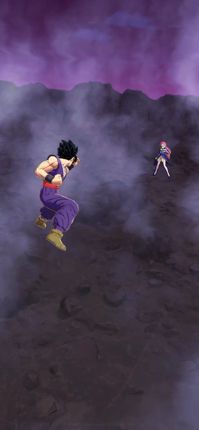 The anime character Gohan is flying through the air with a purple sky in the background. - Dragon Ball