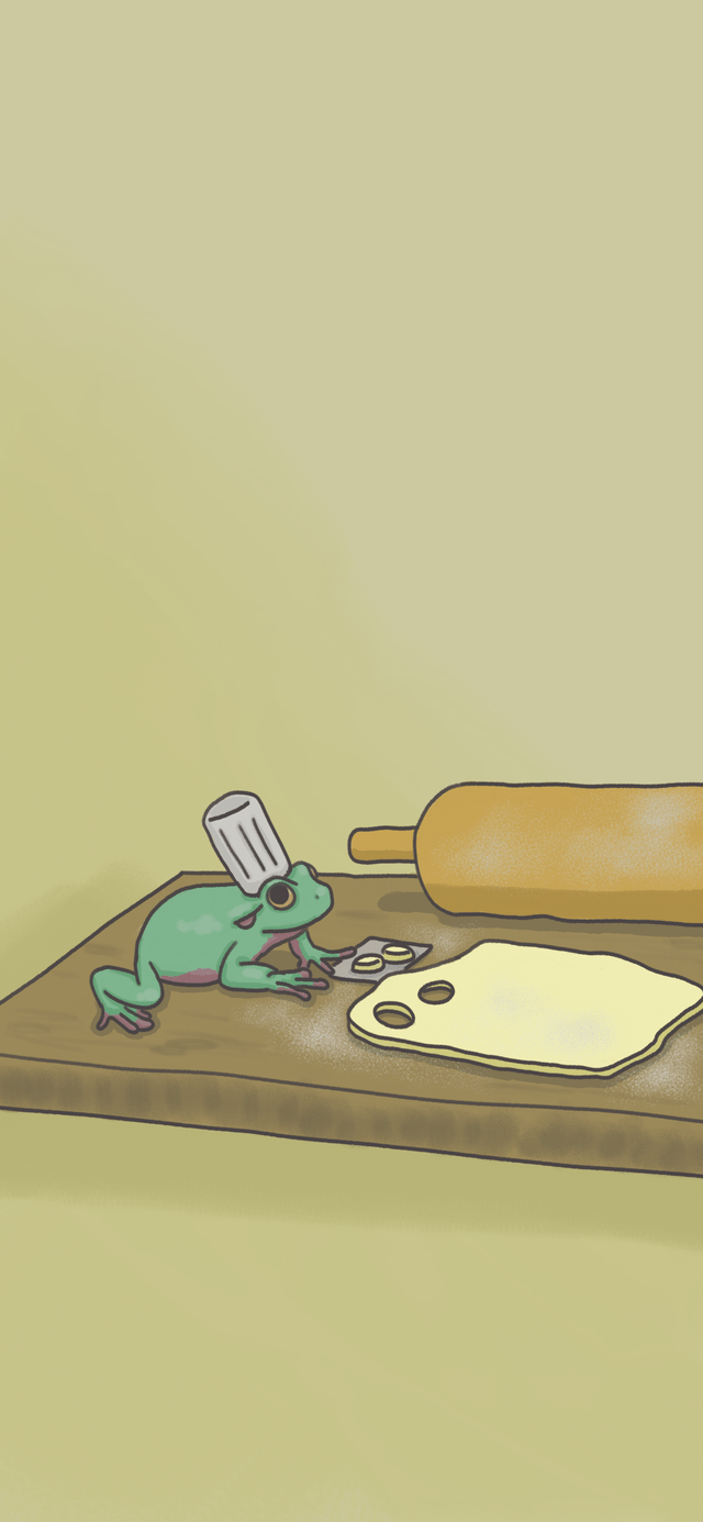 A cartoon frog is sitting on top of some dough - Frog