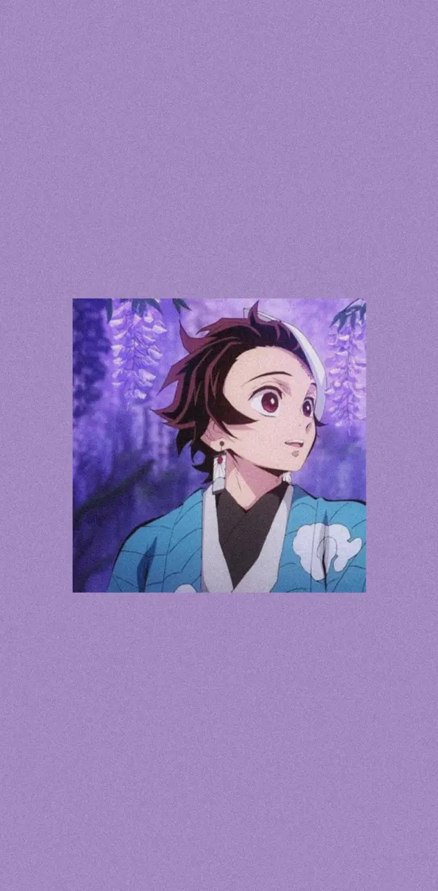 Aesthetic anime phone background with a purple background and a picture of Tanjiro from Demon Slayer - Tanjiro Kamado