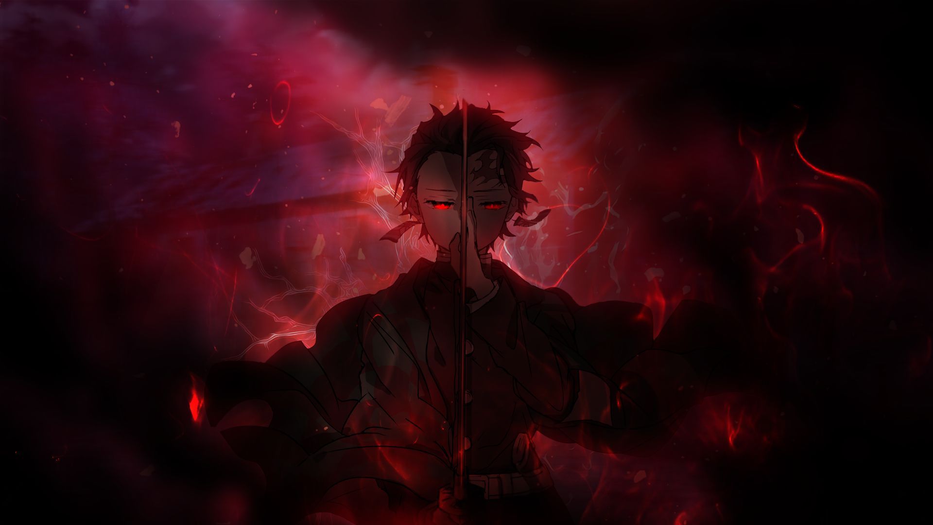 Anime, Demon Slayer: Kimetsu no Yaiba, Nezuko Kamado, red eyes, red smoke, dark background - Tanjiro Kamado