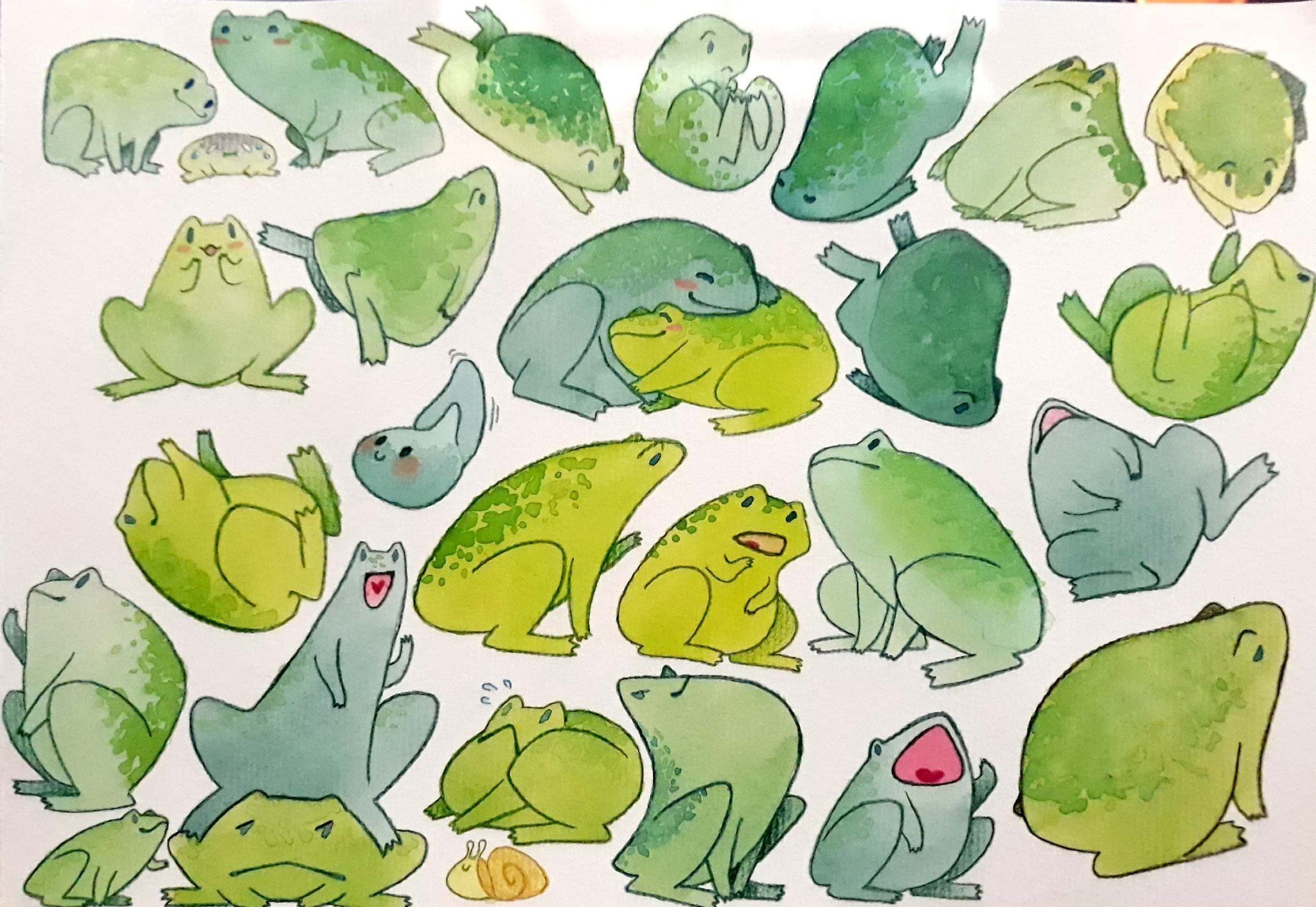 A watercolor drawing of various frogs - Frog