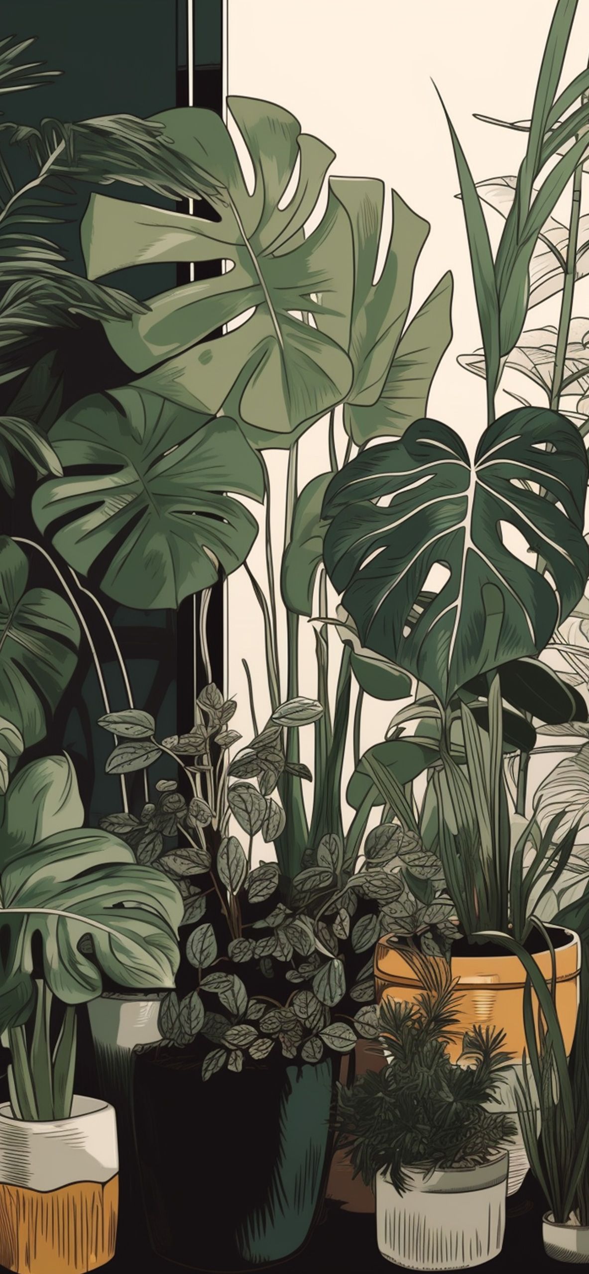 An illustration of potted plants in a corner. - Monstera, illustration