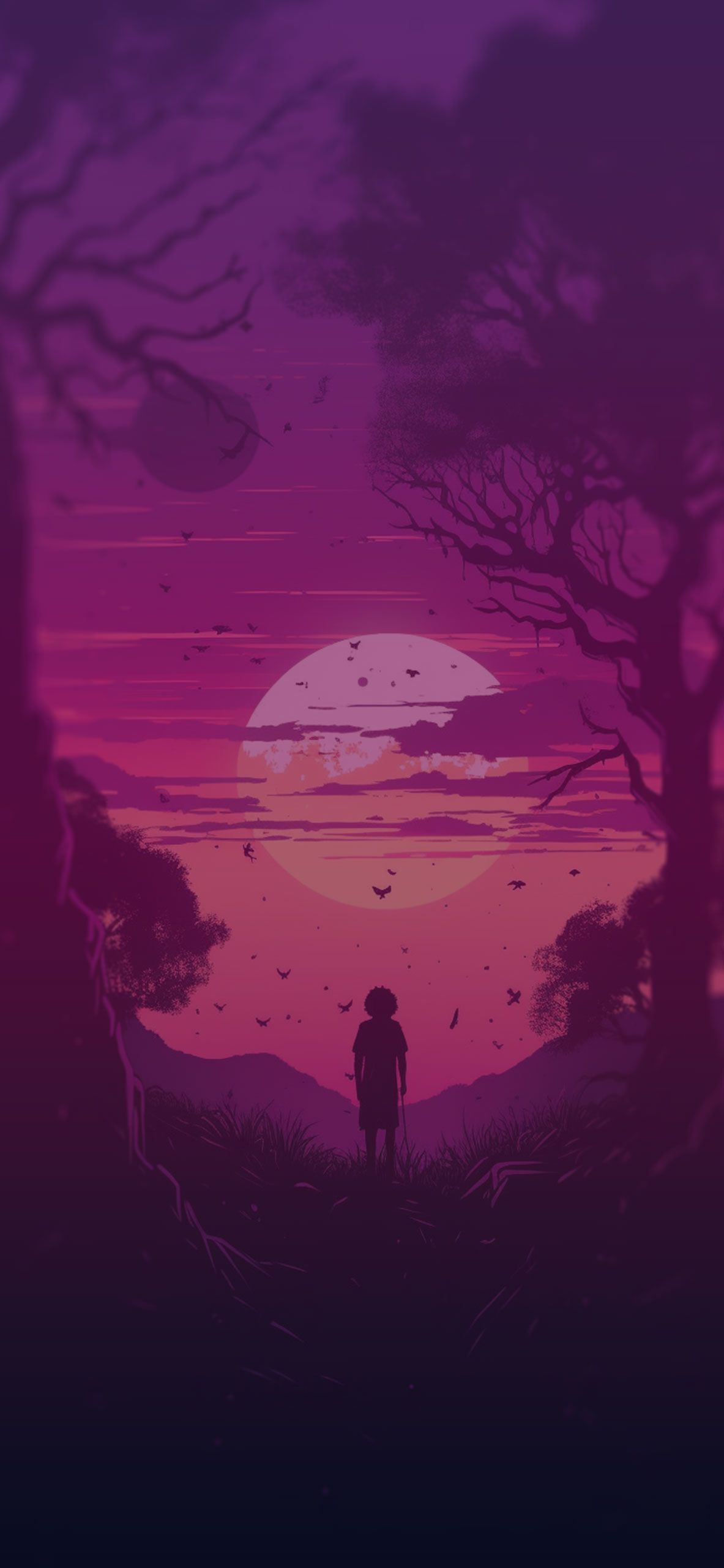 IPhone wallpaper of a person standing in a field with a purple sky - Violet, cool