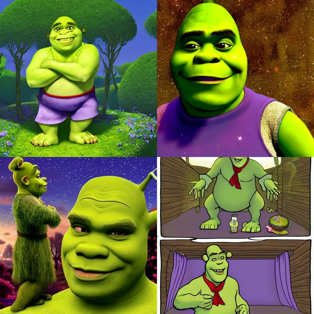 A collage of Shrek in different outfits and locations - Shrek