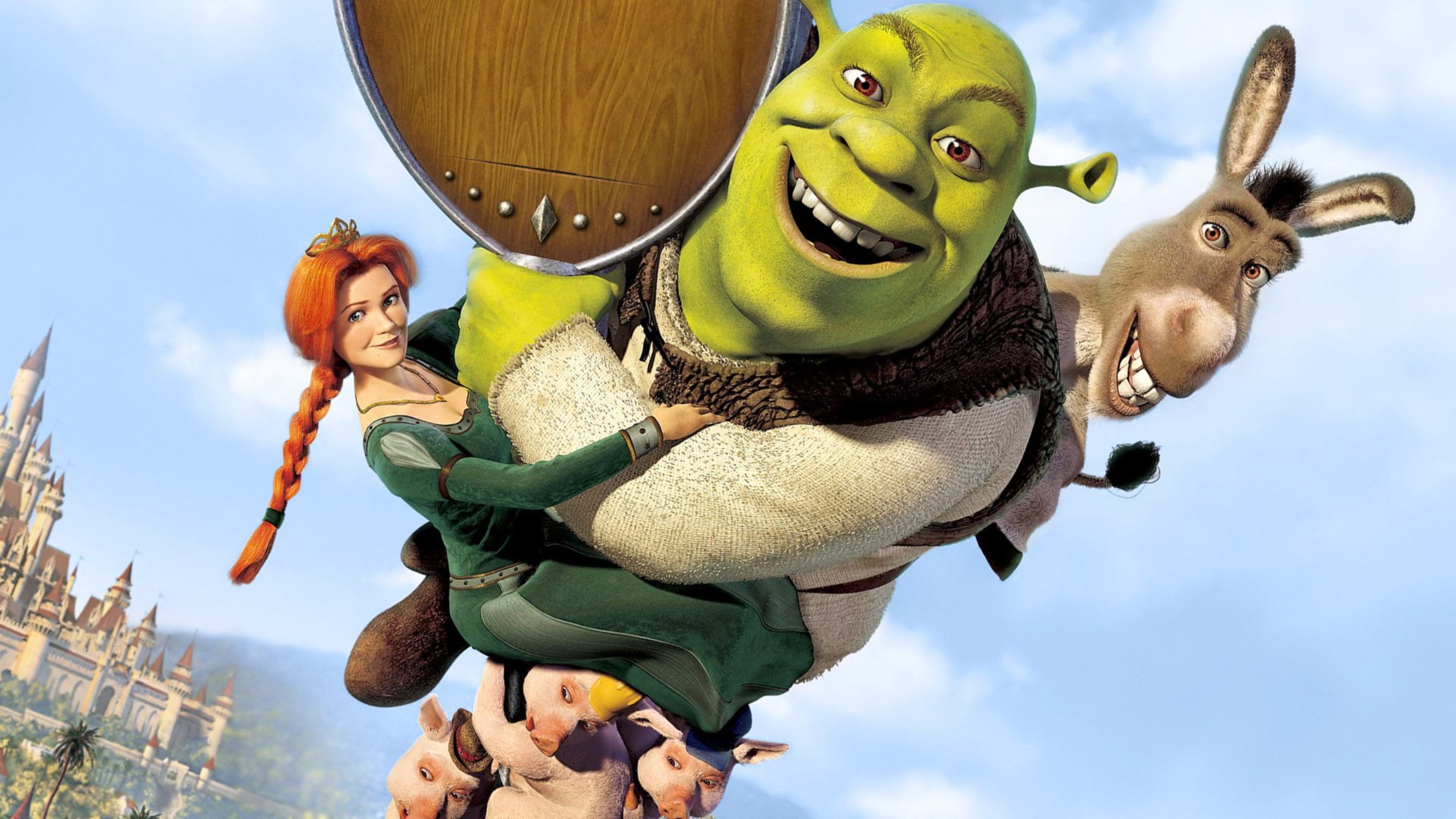 A red-haired princess rides on the back of a green ogre while a donkey looks on. - Shrek