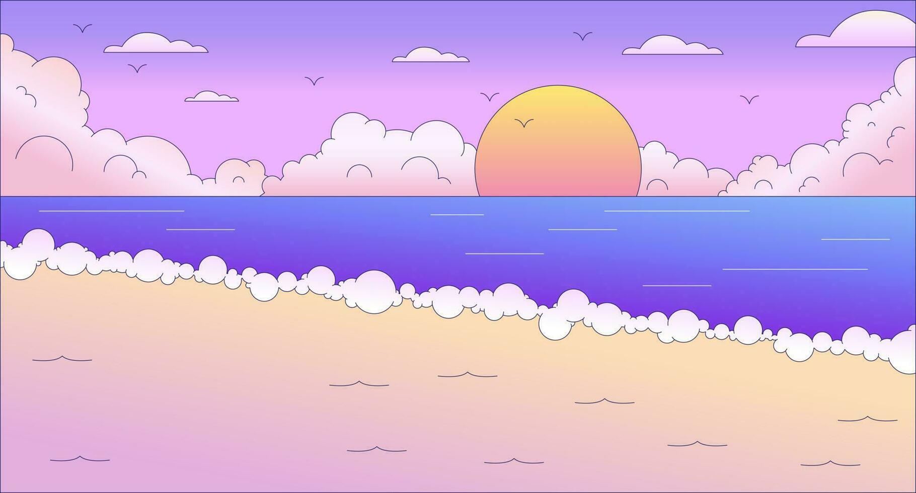 Seascape sunset lo fi chill wallpaper. Sunrise ocean waves. Ocean coast. Sun and sand 2D vector cartoon landscape illustration, vaporwave background. 80s retro album art, synthwave aesthetics