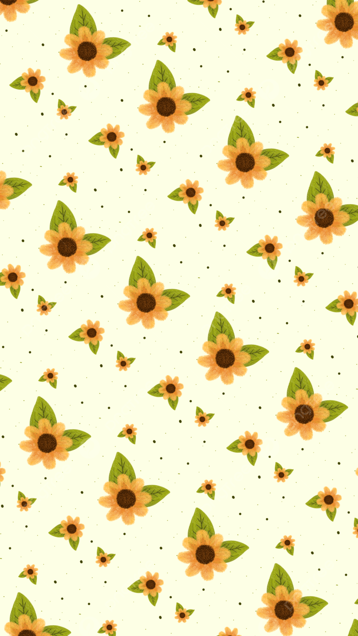A yellow wallpaper with sunflowers and green leaves. - Sun
