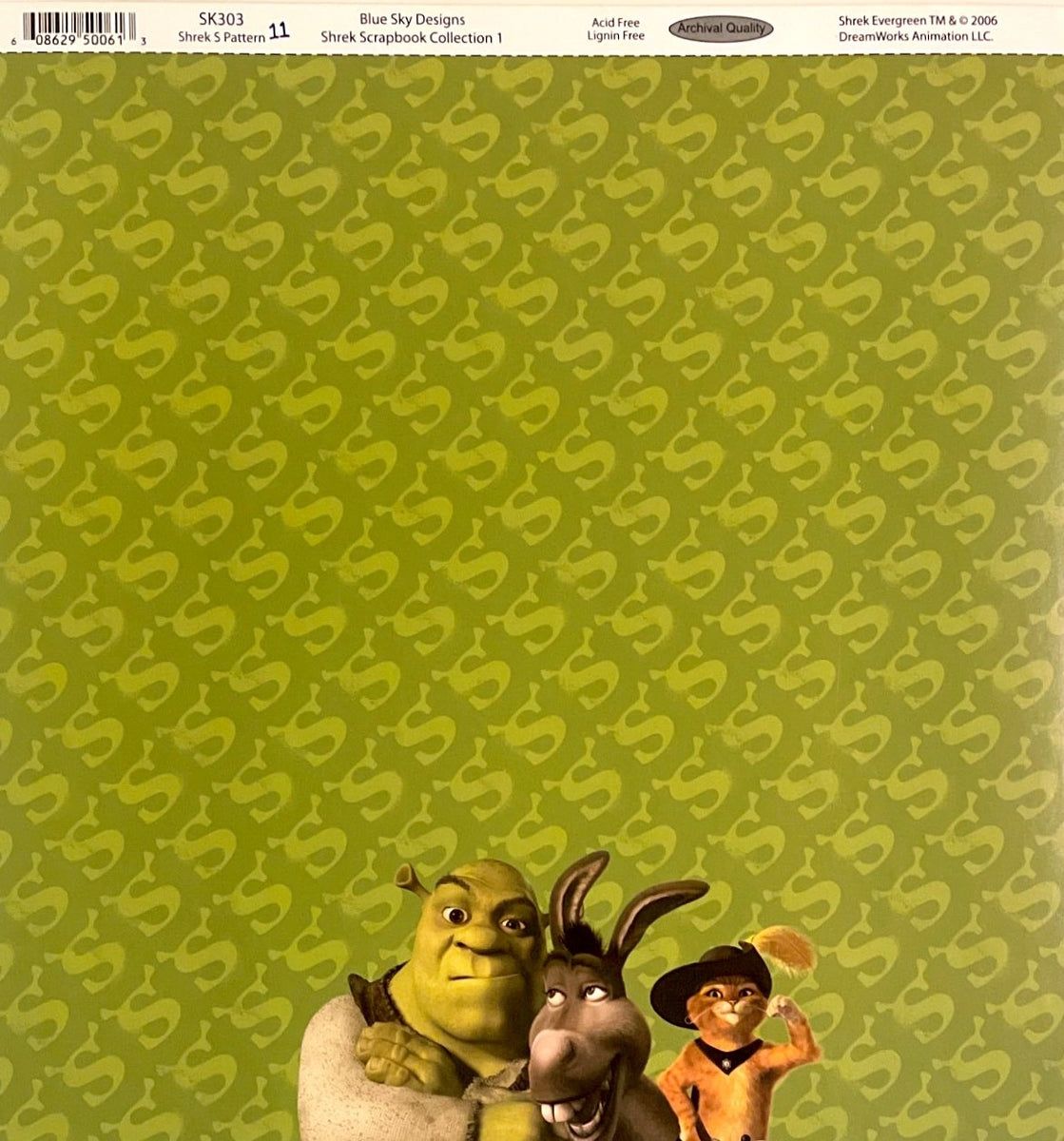 A green patterned paper with Shrek and friends on it. - Shrek