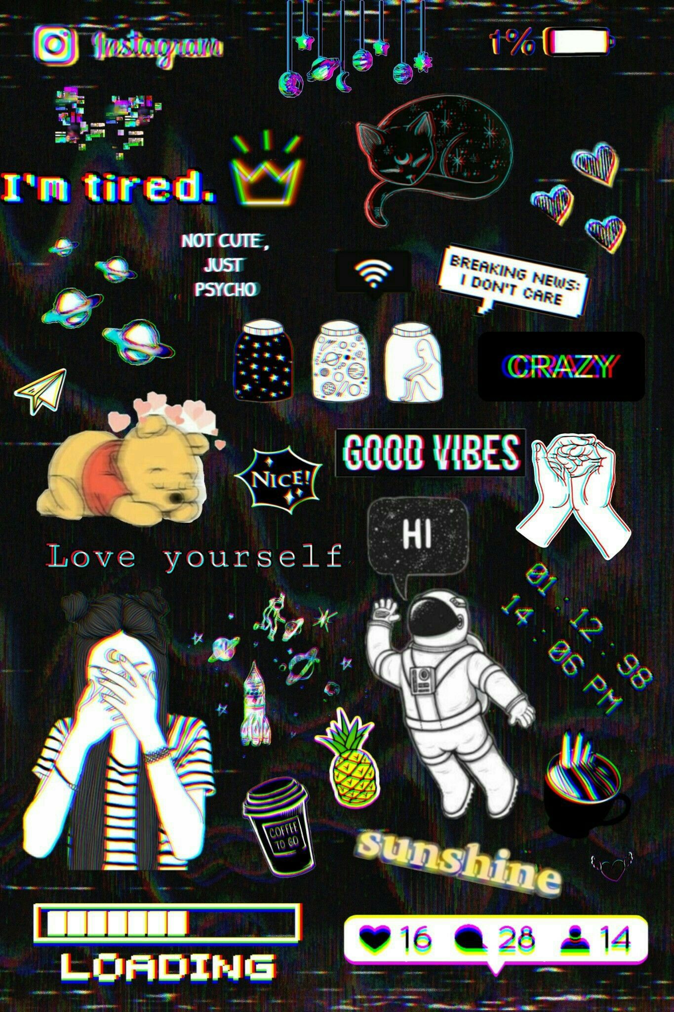 Aesthetic phone background with a bunch of stickers on it - Glitch