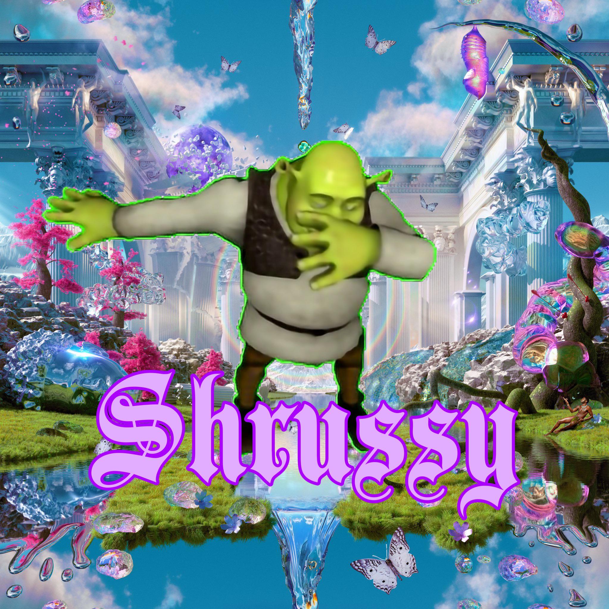Shrek dancing in a fantasy world with the word Shmuzzy in purple - Shrek