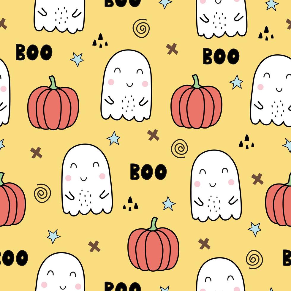 Halloween Seamless Pattern. Ghost And Pumpkin. Hand Drawn Cartoon Background In Kids Style. Use For Prints, Wallpaper, Textiles, Fashion, Vector Illustrations