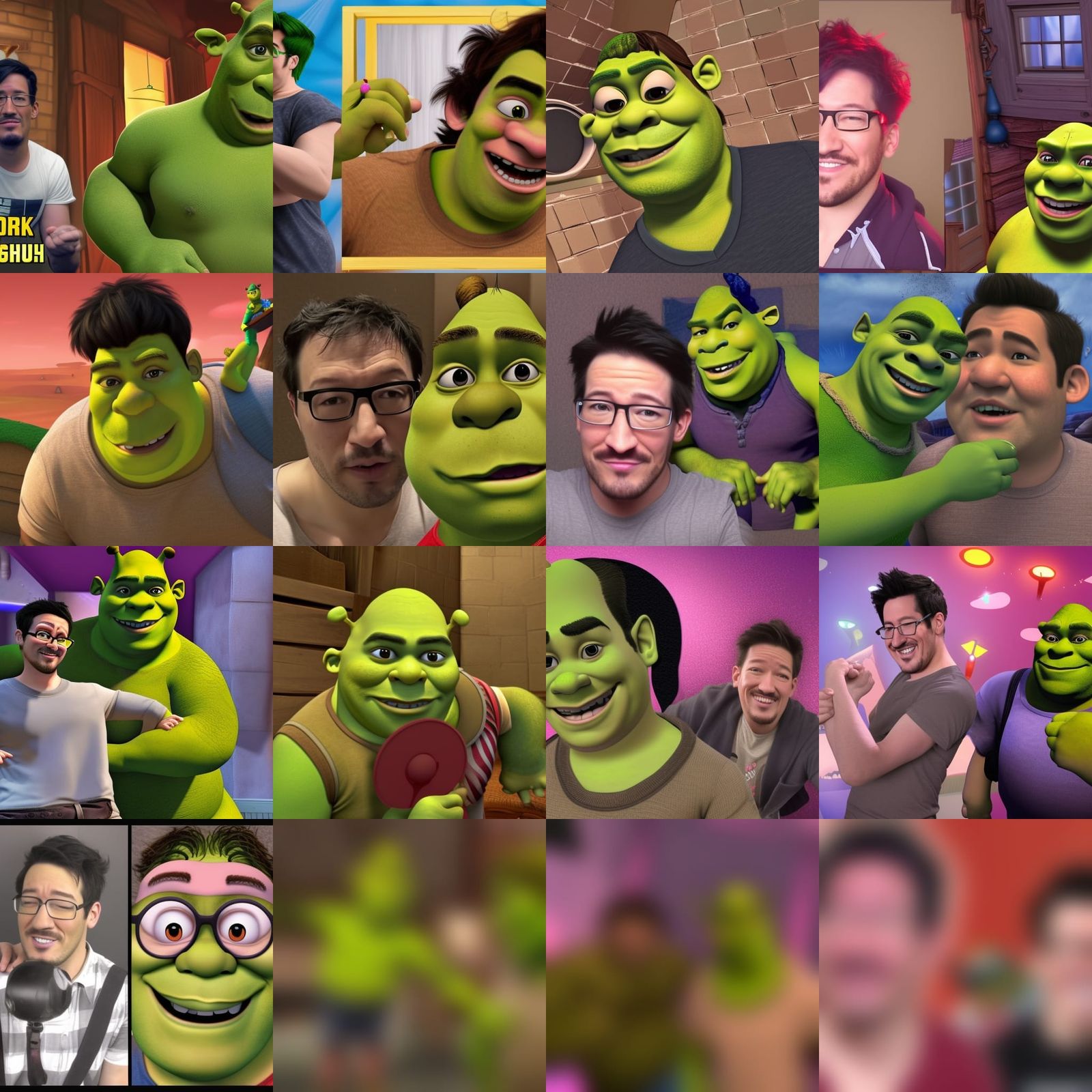 A collage of photos of two men photoshopped into various scenes with Shrek. - Shrek
