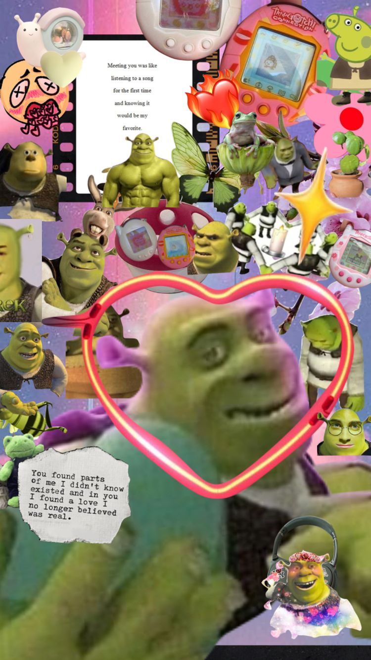 A collage of Shrek characters with a heart in the middle - Shrek