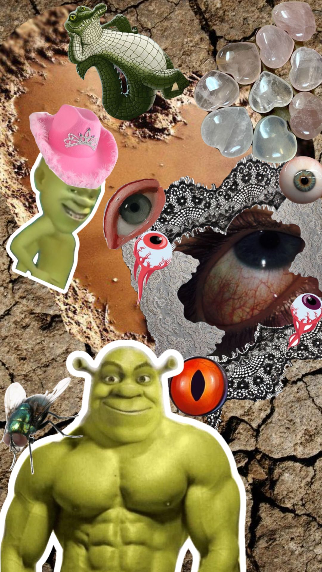 Shrek, a pink cowboy hat, a crocodile, a human eye, a red eye, a fly, a crystal ball, and a snake - Shrek