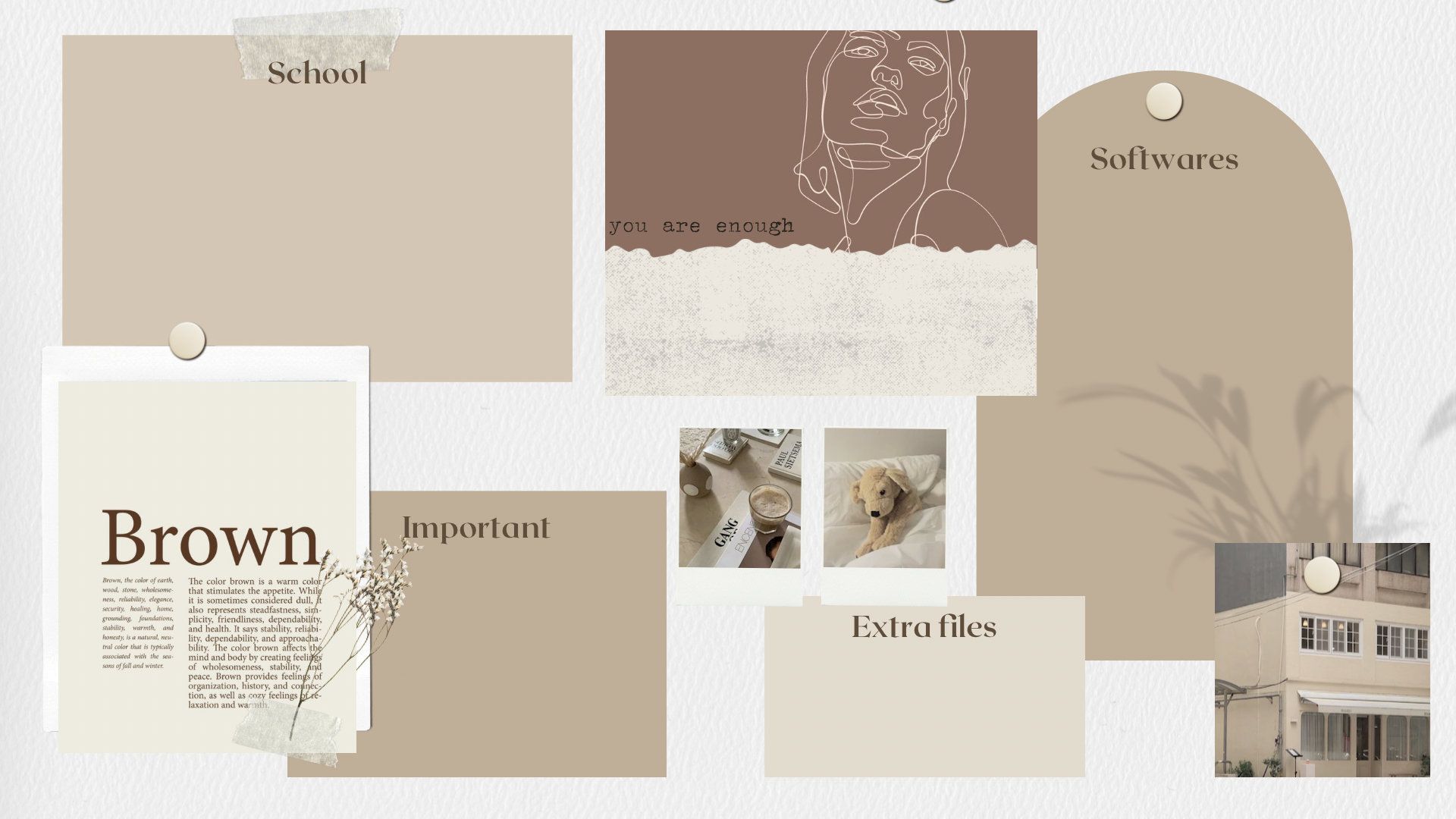 A mood board in brown tones, with a woman's face, a dog, and a house. - Light brown