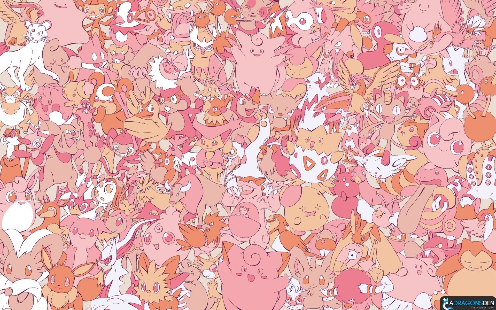 Wallpaper background of a bunch of cute pink and orange Pokemon characters - Pokemon