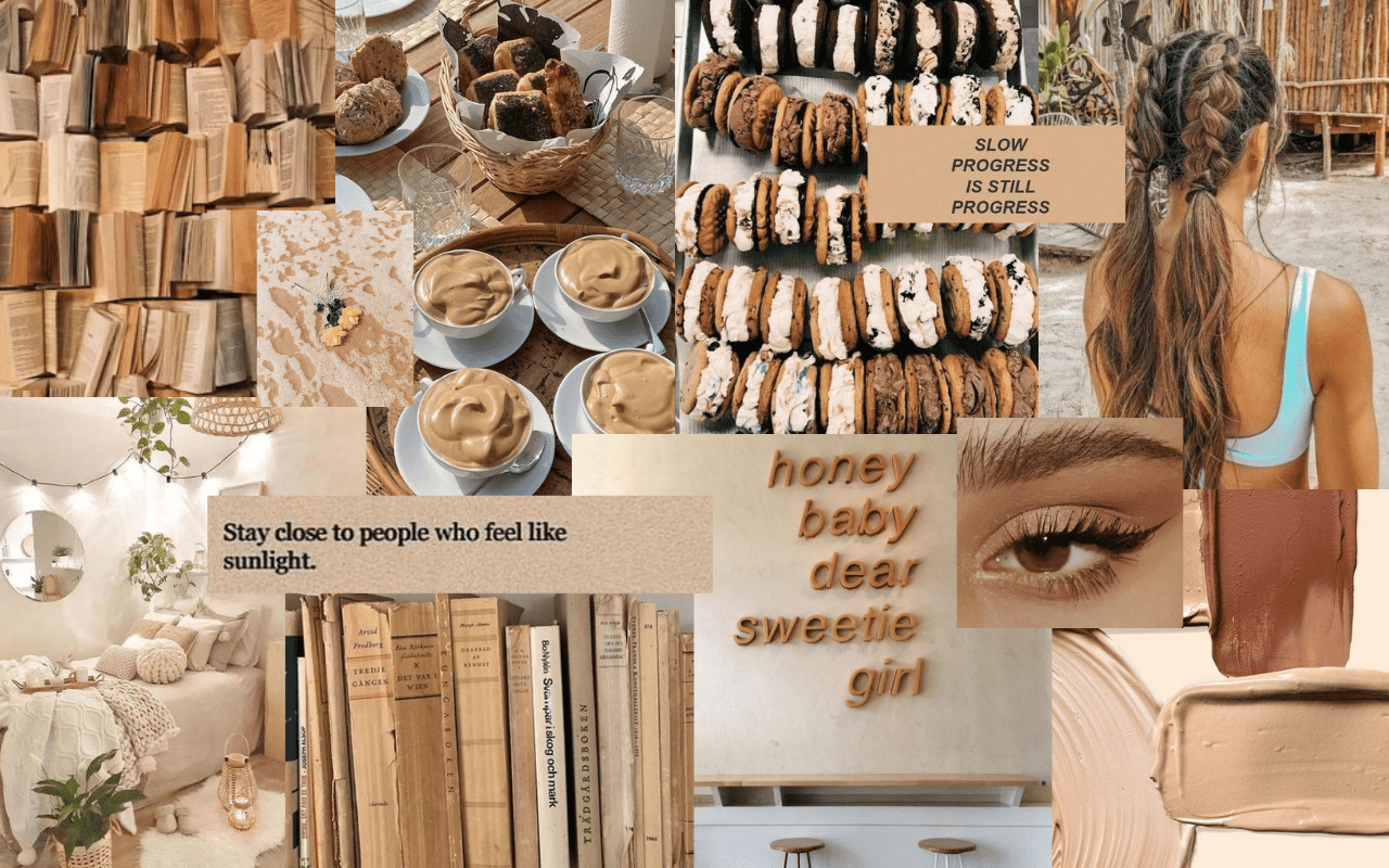 A collage of images including books, food, and a girl with a braid. - Light brown