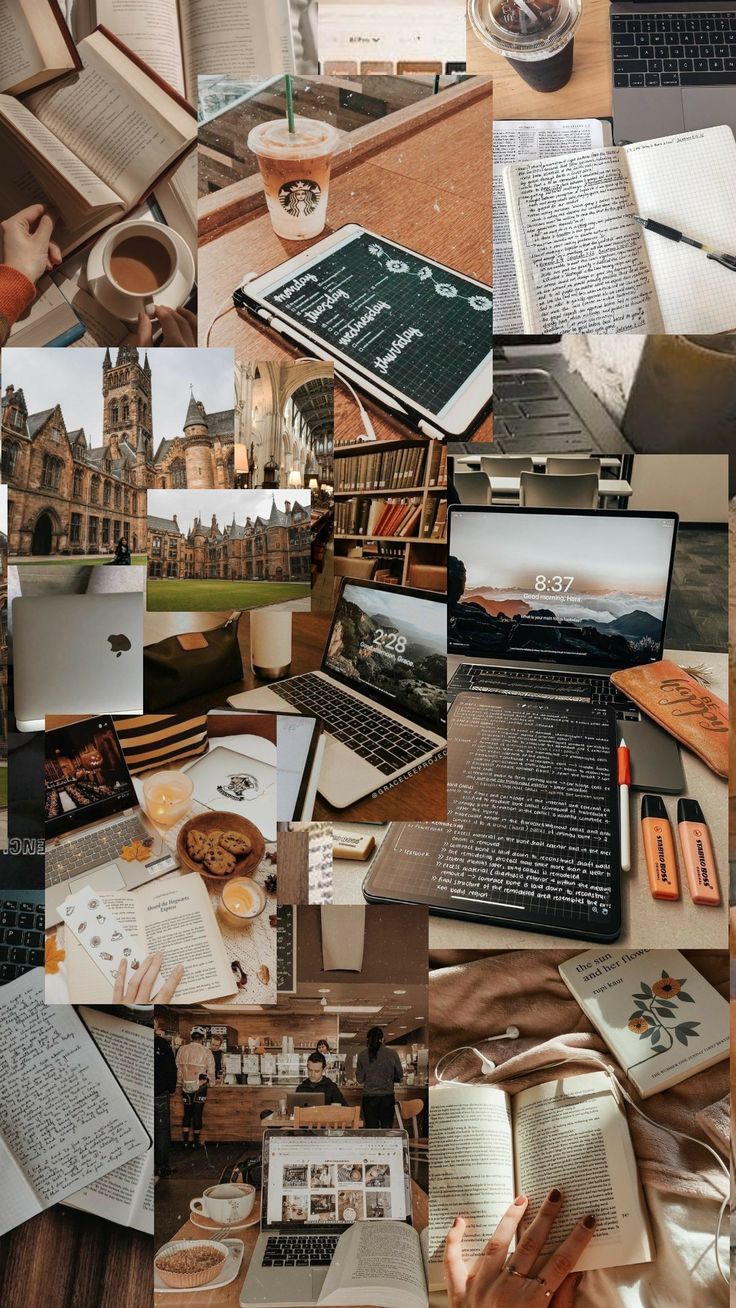 Collage of photos of books, coffee, and a laptop - Study