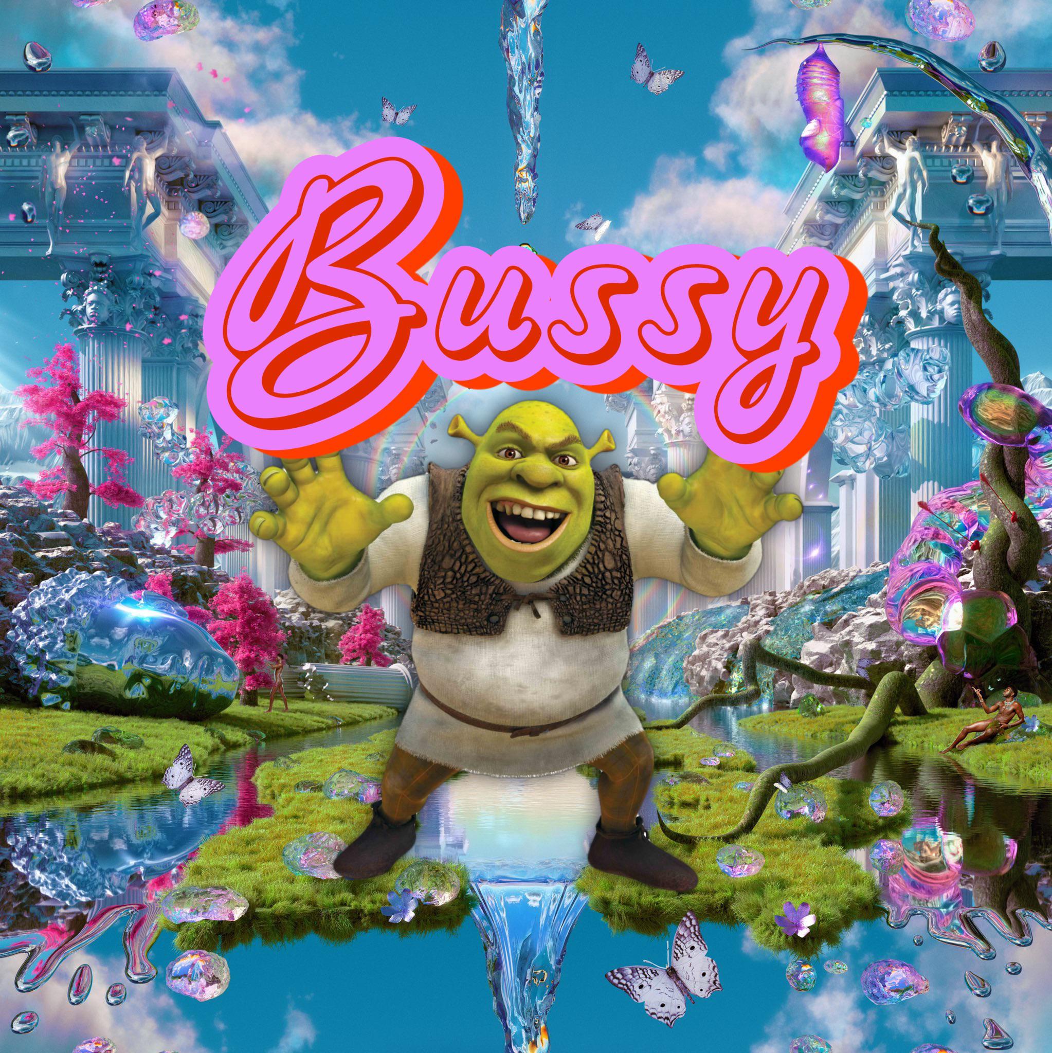 The cover of Bussy's album, which features a cartoon ogre holding up the word 