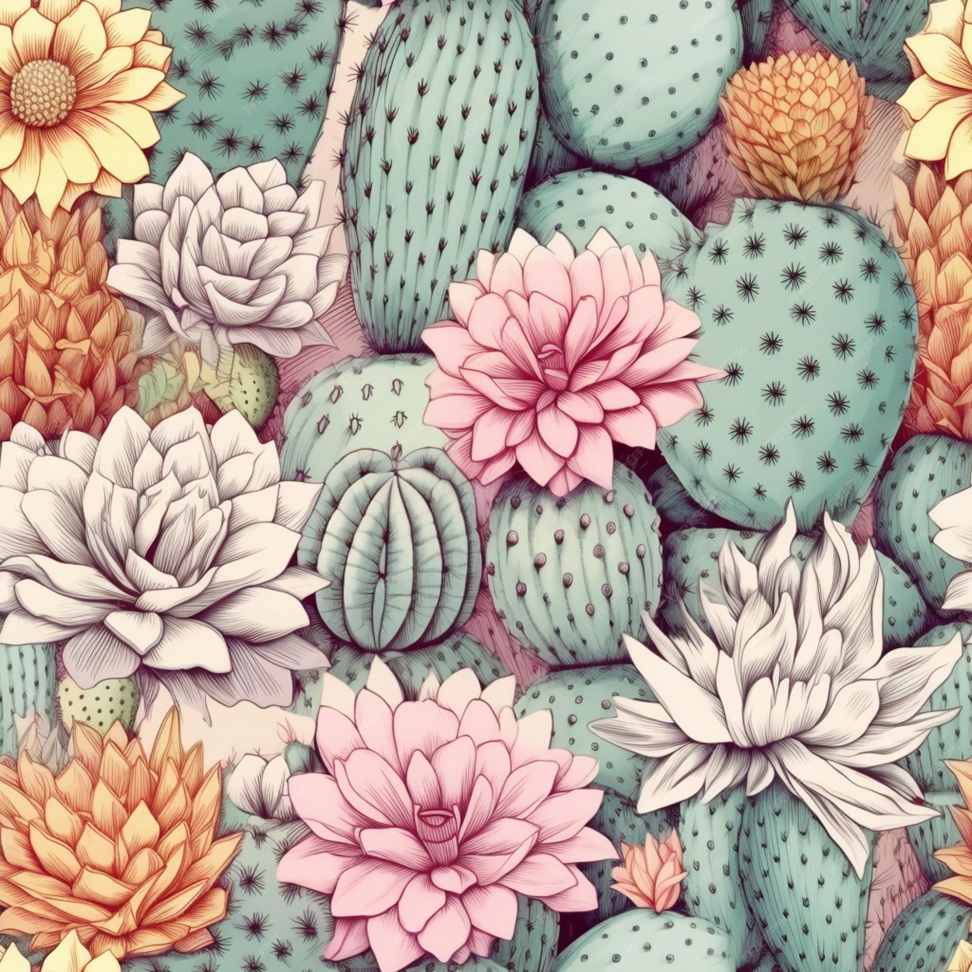 A colorful succulent wallpaper image with different types of cacti and flowers. - Succulent