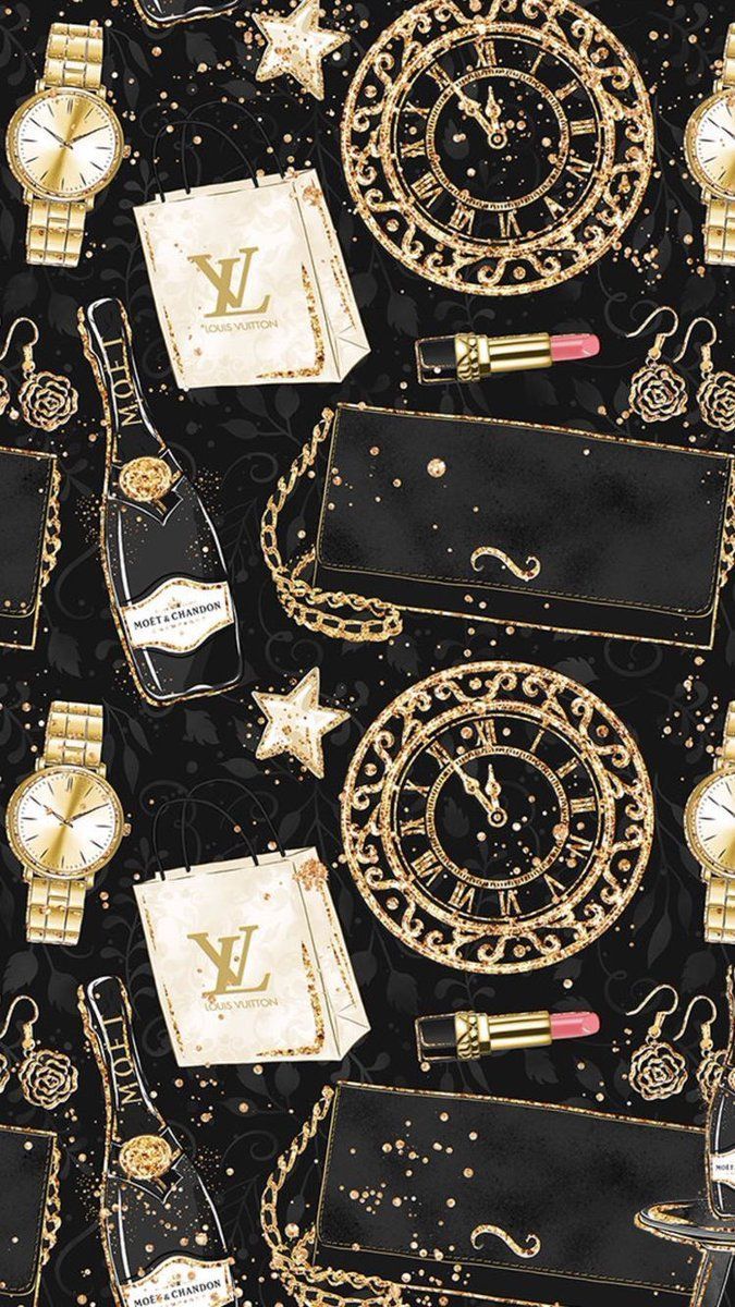 Black and gold wallpaper, Louis Vuitton, Chanel, and a clock - Louis Vuitton