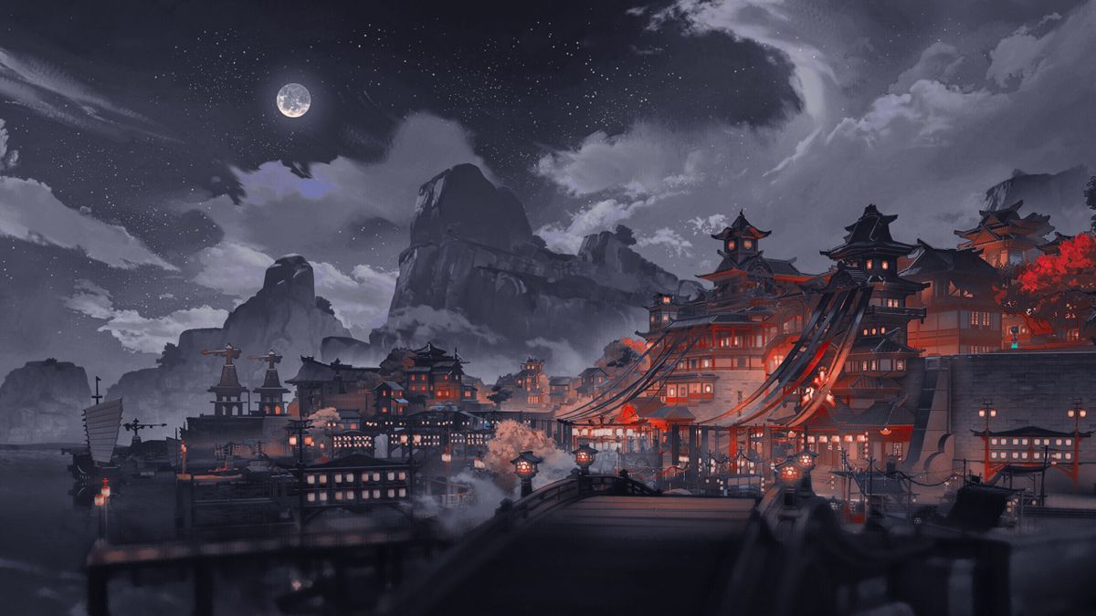 A fantasy city with red lanterns, lit up under a full moon. - Japan