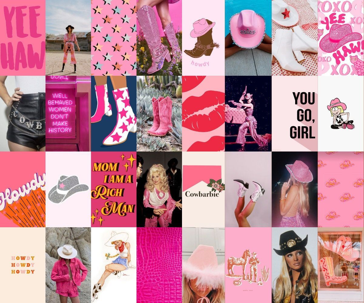 A collage of images of pink and white cowboy boots, cowboy hats, lips, and other pink and white items. - Cowgirl